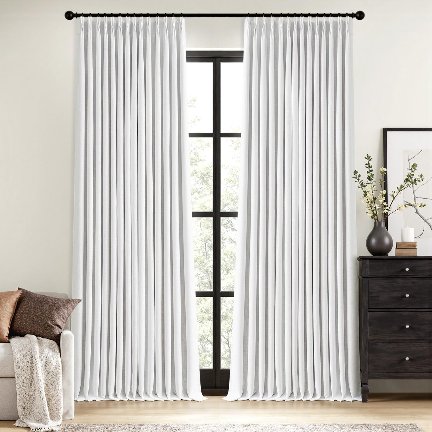 Natural Pinch Pleated 100% Blackout Linen Curtains 90 Inch Length 2 Panels Set,