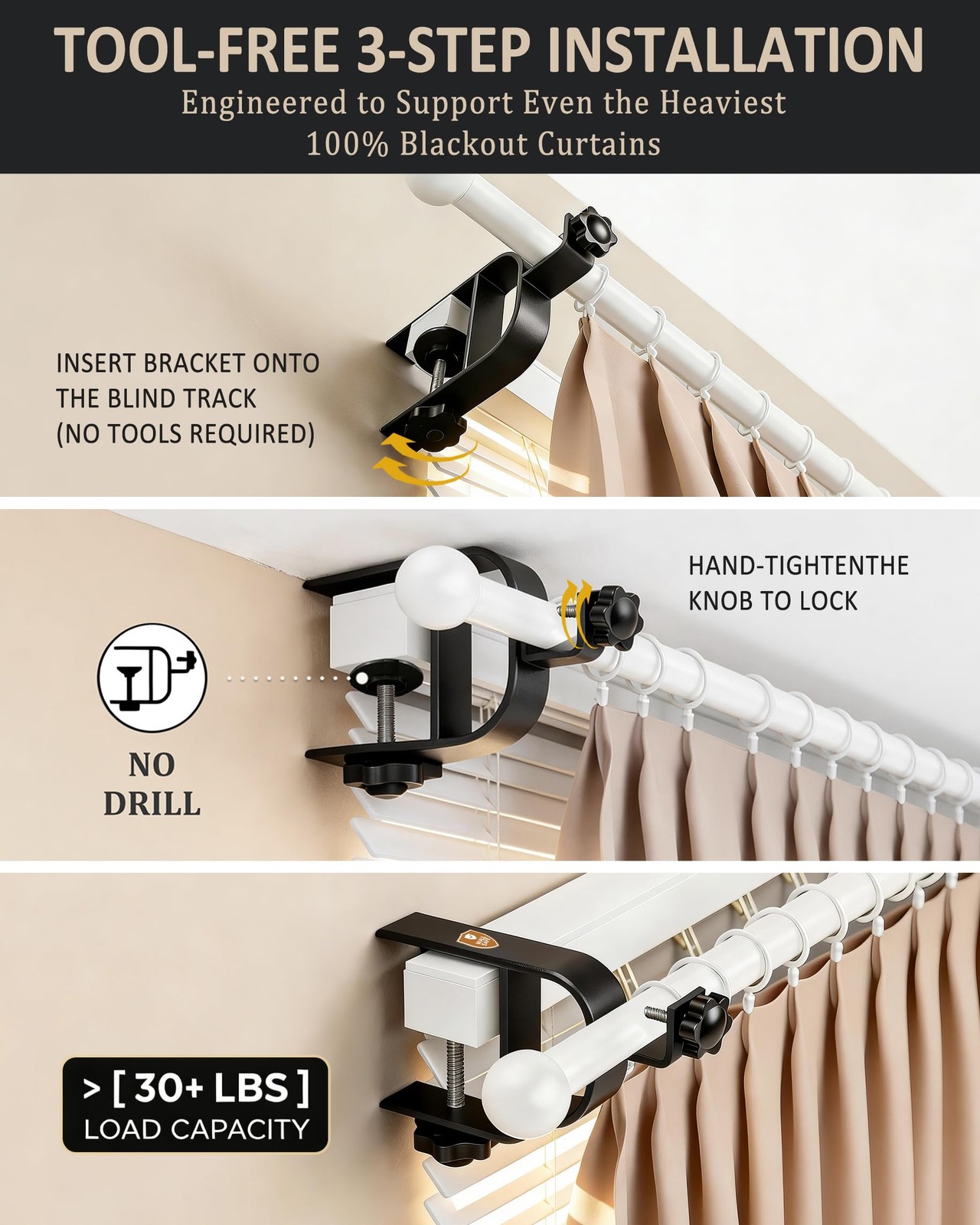 No Drill Curtain Rod Brackets for Inside & Outside Mount, [Patented] Adjustab…