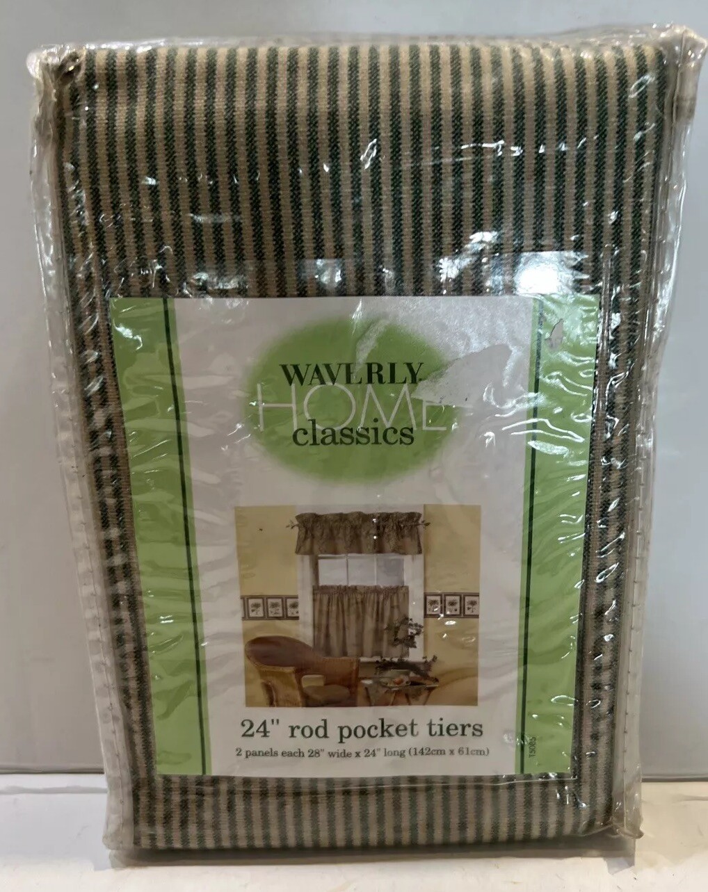 2 Waverly Fernwood Geen & Beige Striped Cotton Unlined Curtain Panels 28”x24”