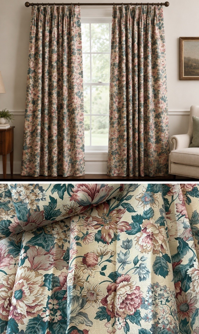 Vintage Floral Pinch Pleat Drapes Curtains Cottage Rose Shabby Lined 33”x82” (2)