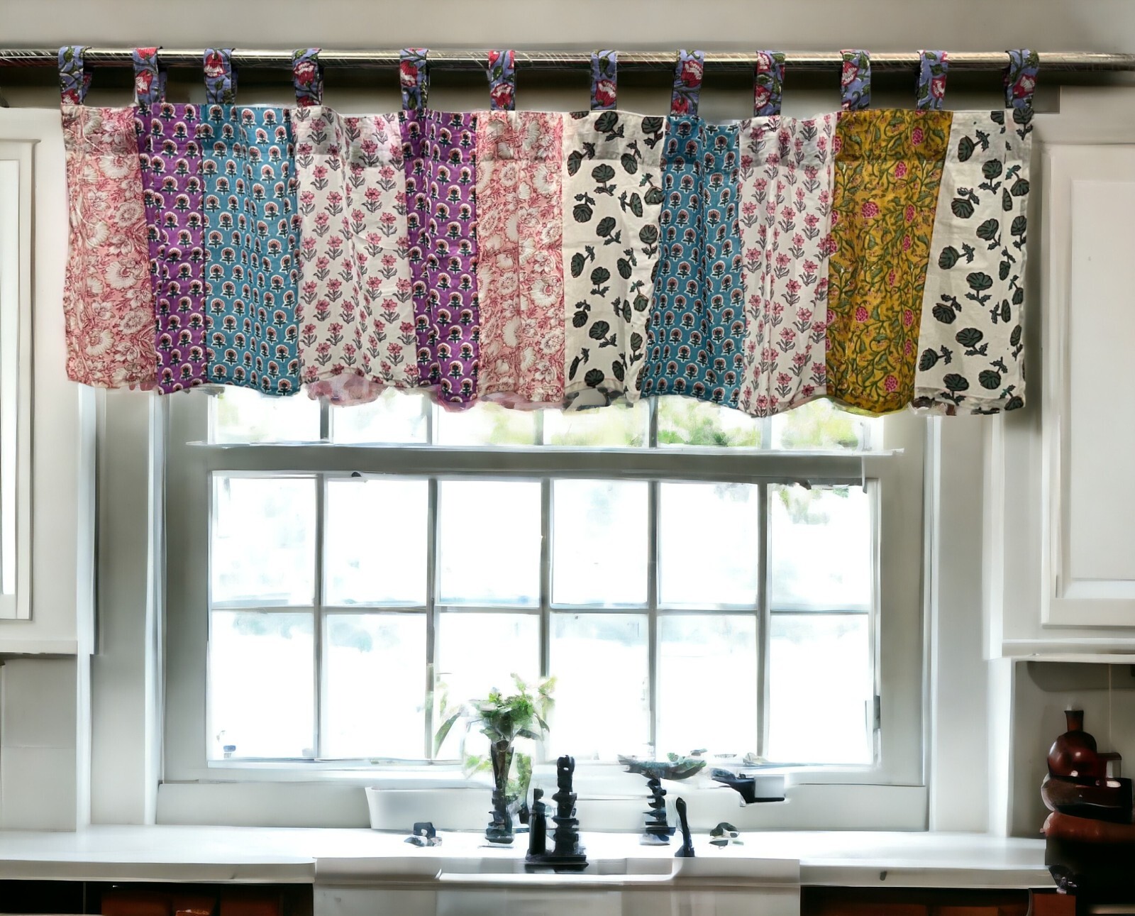 Patchwork Boho Window Curtain Valance , Multicolour Floral Rod Pocket Valances