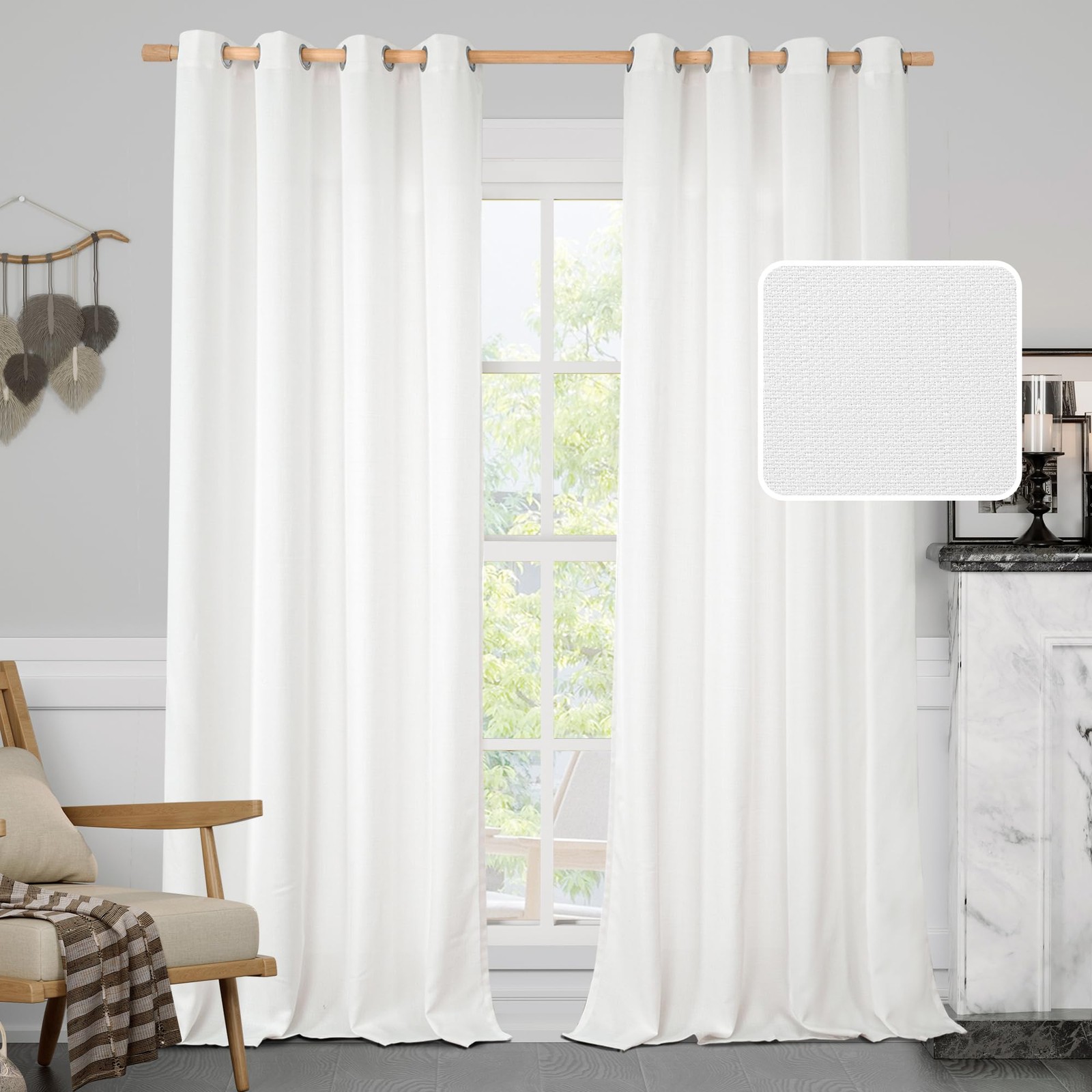 Lamit White Linen Curtains Bedroom Light Filtering Panels Grommet Privacy