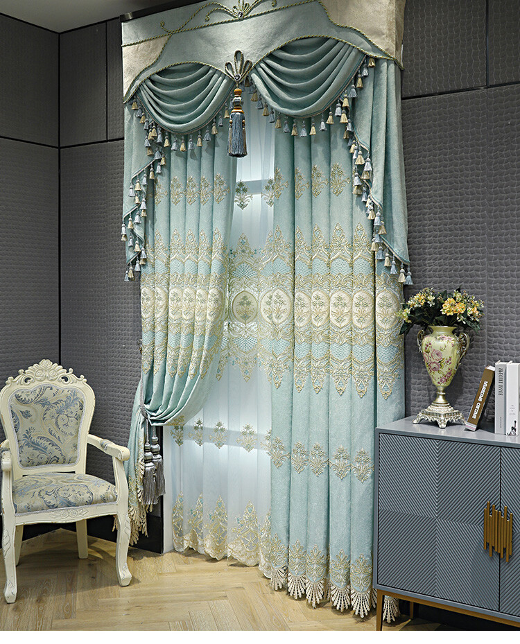 Custom high-end embroidered blue cloth blackout curtain valance drape C1143