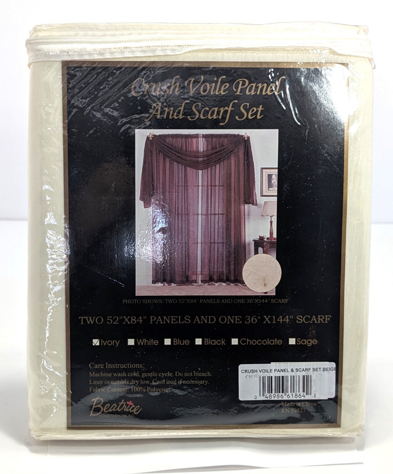 Ivory Crushed Voile Curtain Panel Set 52×84 + 36×144 Scarf Beatrice NIP