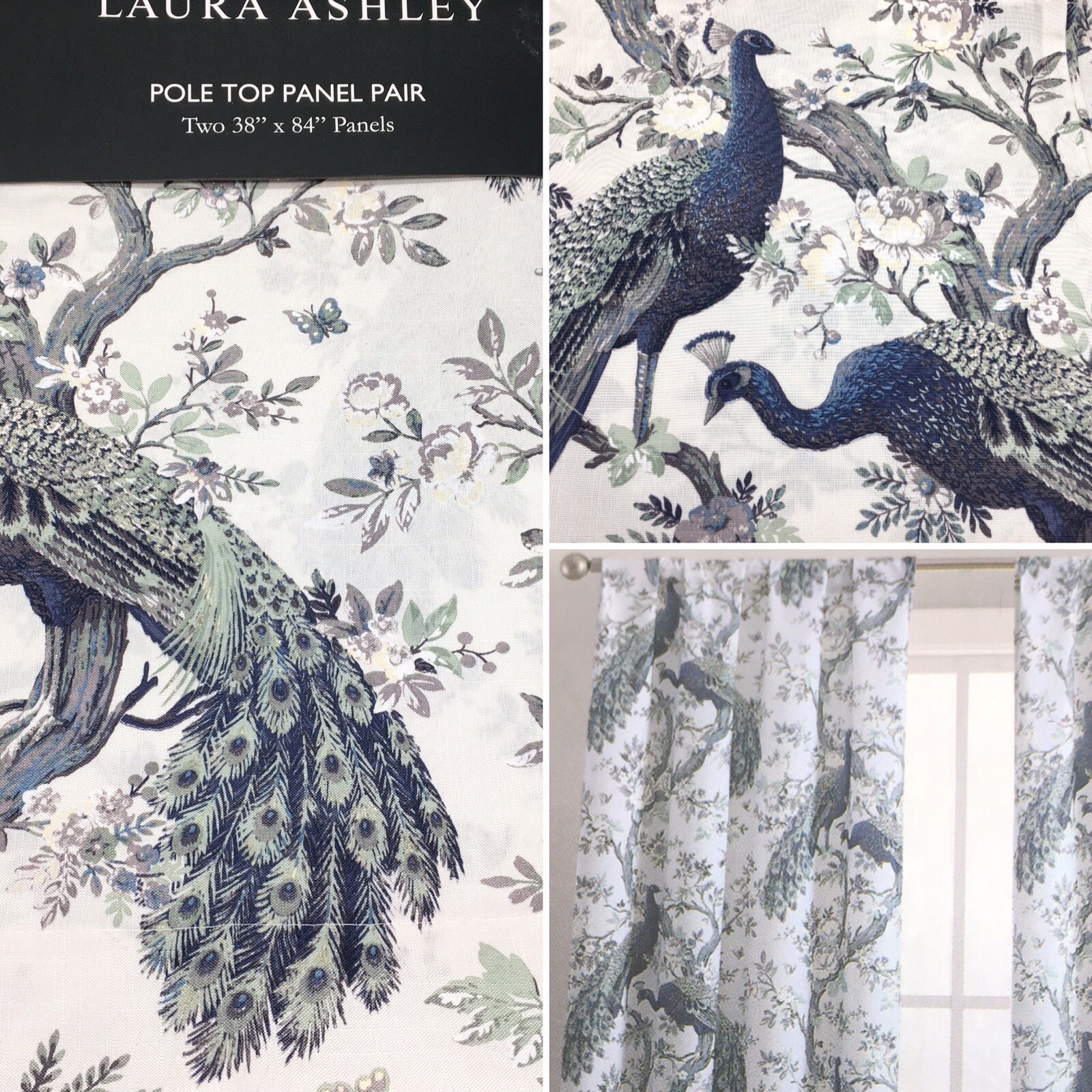 Laura Ashley Peacock 2 Window Curtain Panels 38×84 Belvedere Floral Blue Green