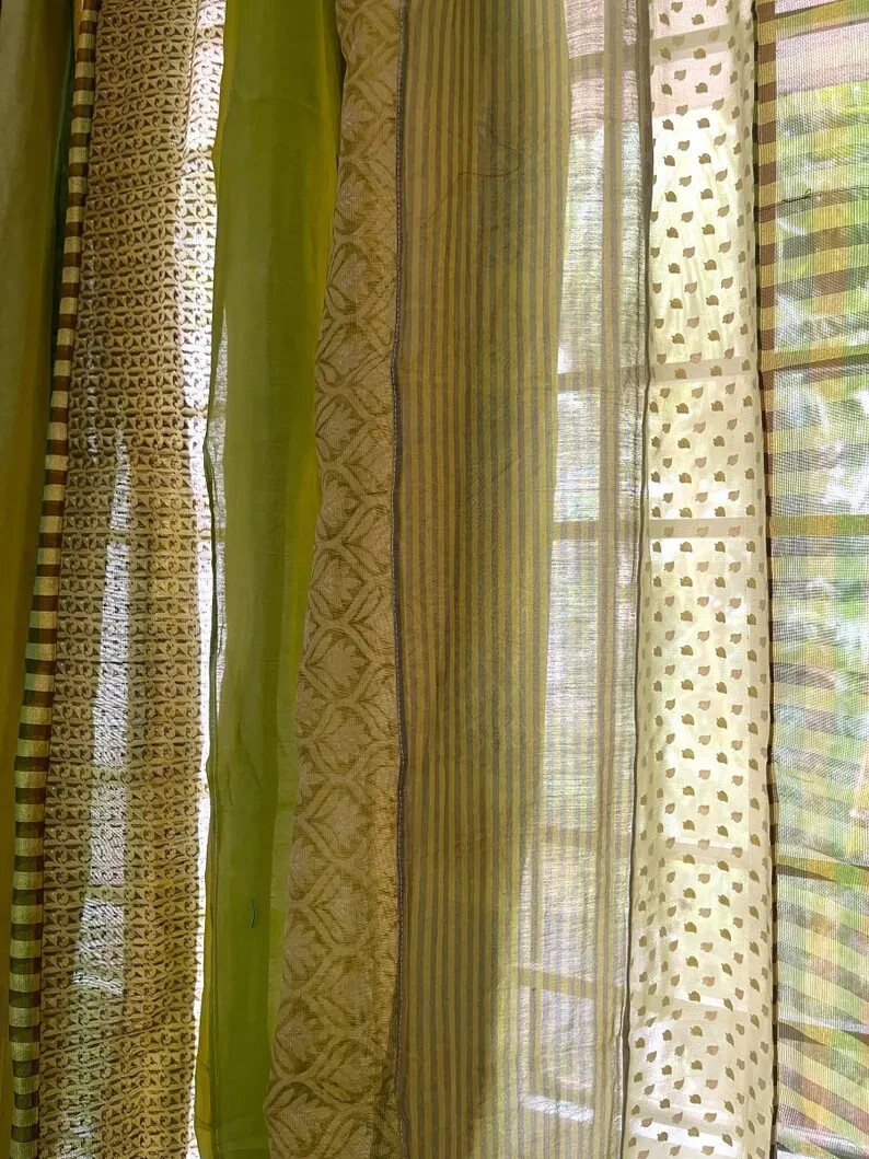 2 Pc Indian Old Recycle Silk Saree Boho Multi Curtain Door Drape Decor Curtain