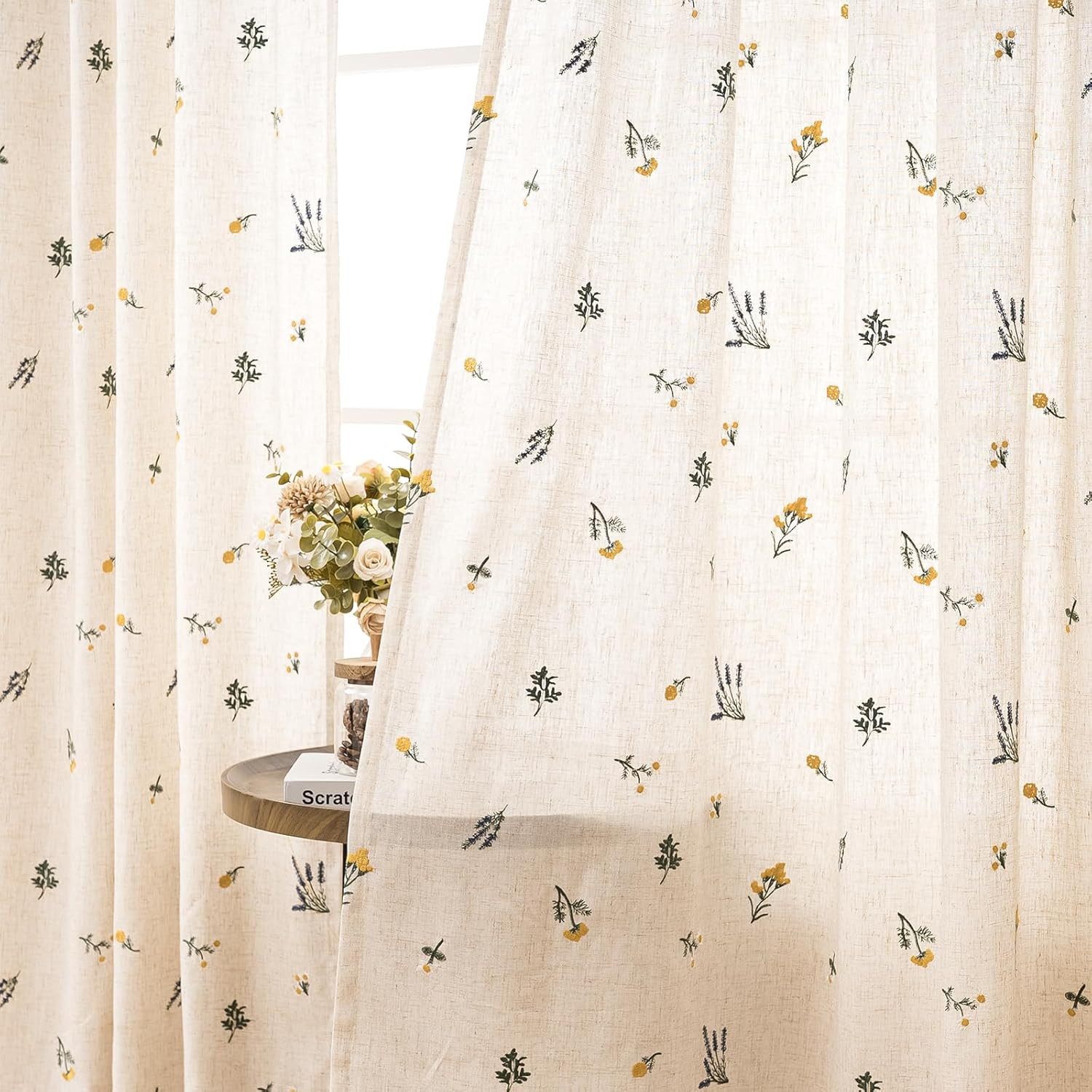 Linen Curtains 96 Inch Boho Drapes Daisy Embroidered Farmhouse Window