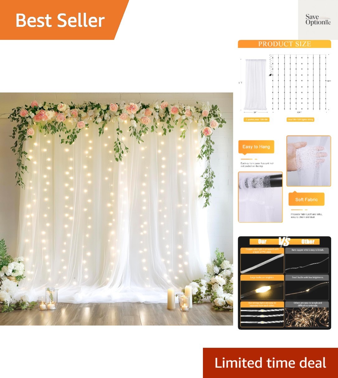Tulle Backdrop Curtains with Lights 10x8ft Sheer White Curtain