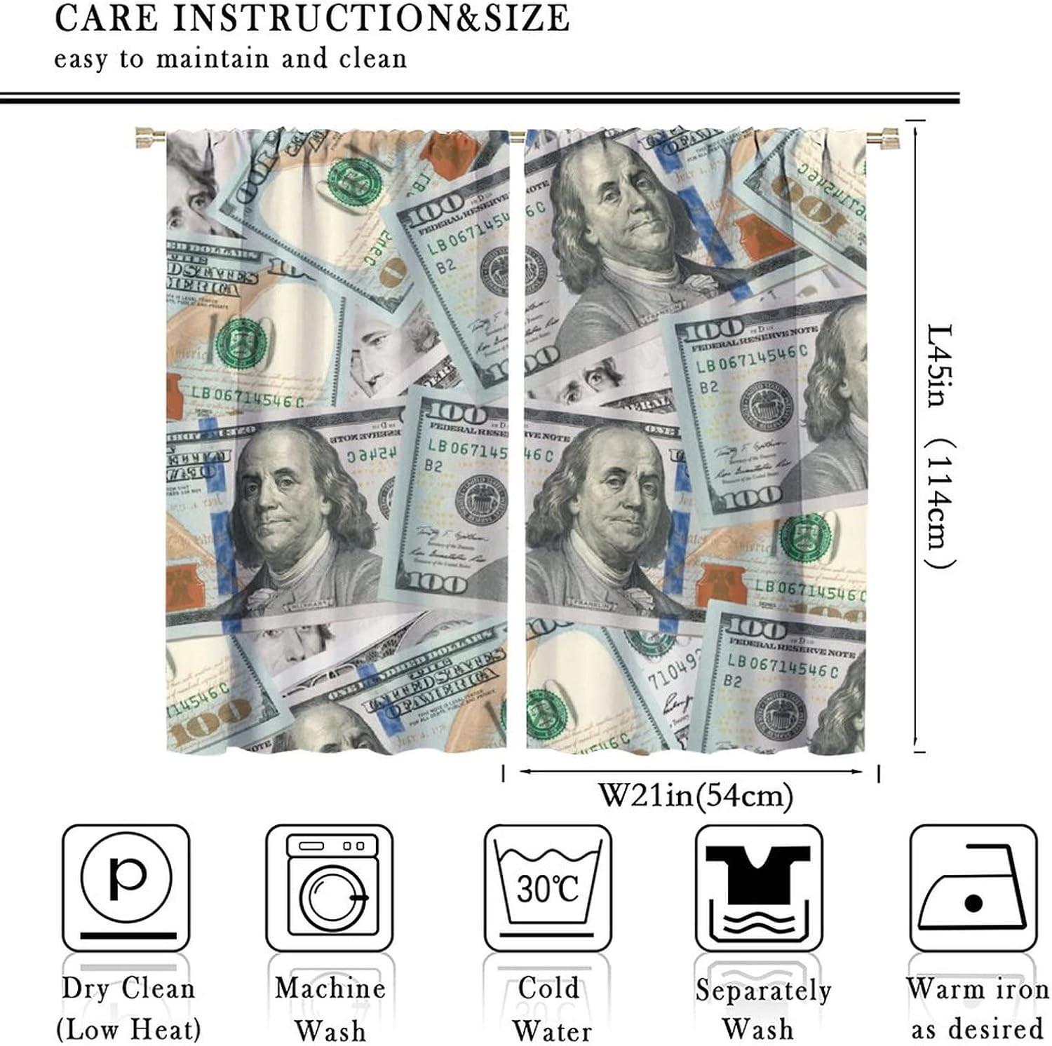 Money Print Blackout Curtains for Bedroom – Retro United States Money 100 Dollar