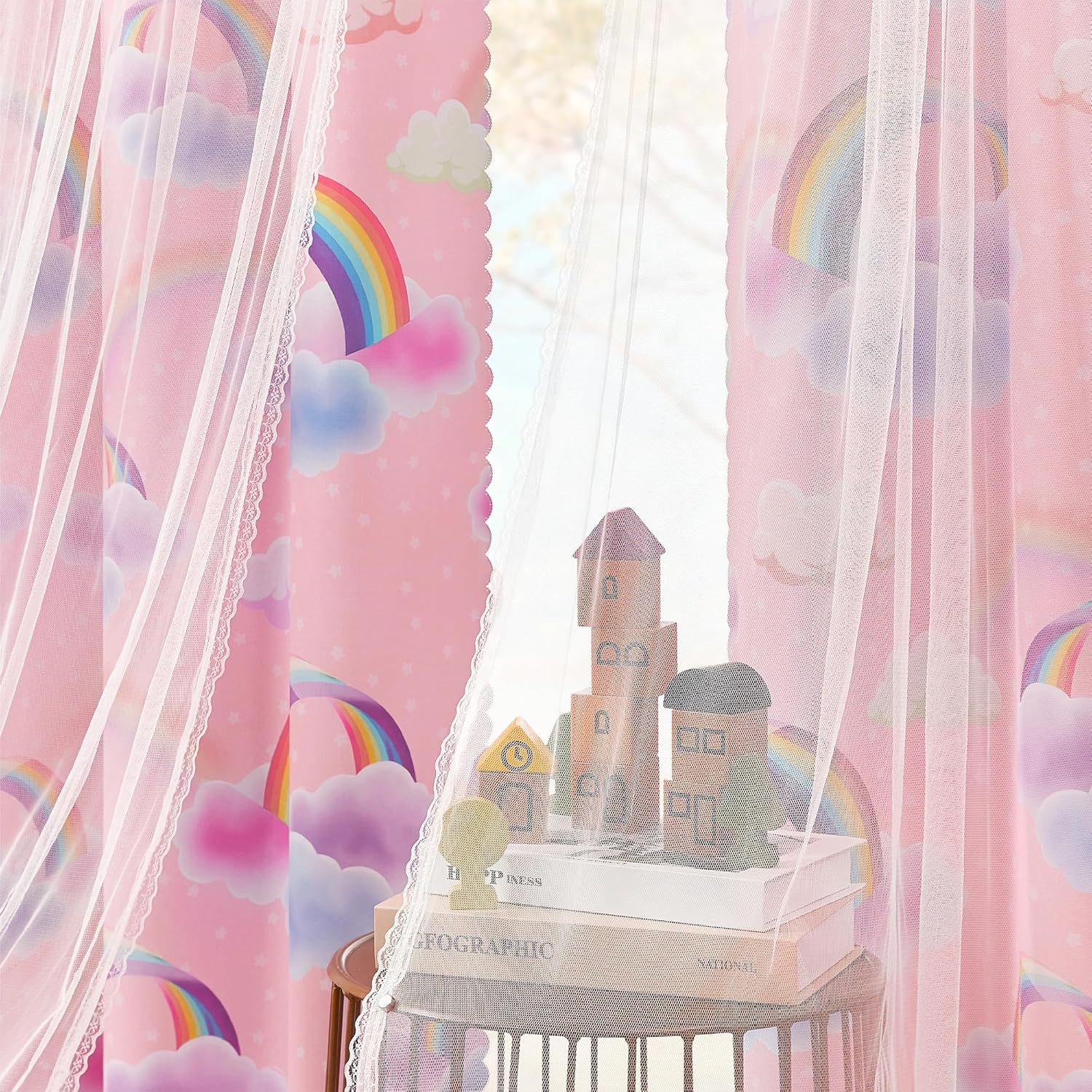 Pink Curtains for Girls Bedroom 2 Panels 63 Inches Long Cute Double Layer