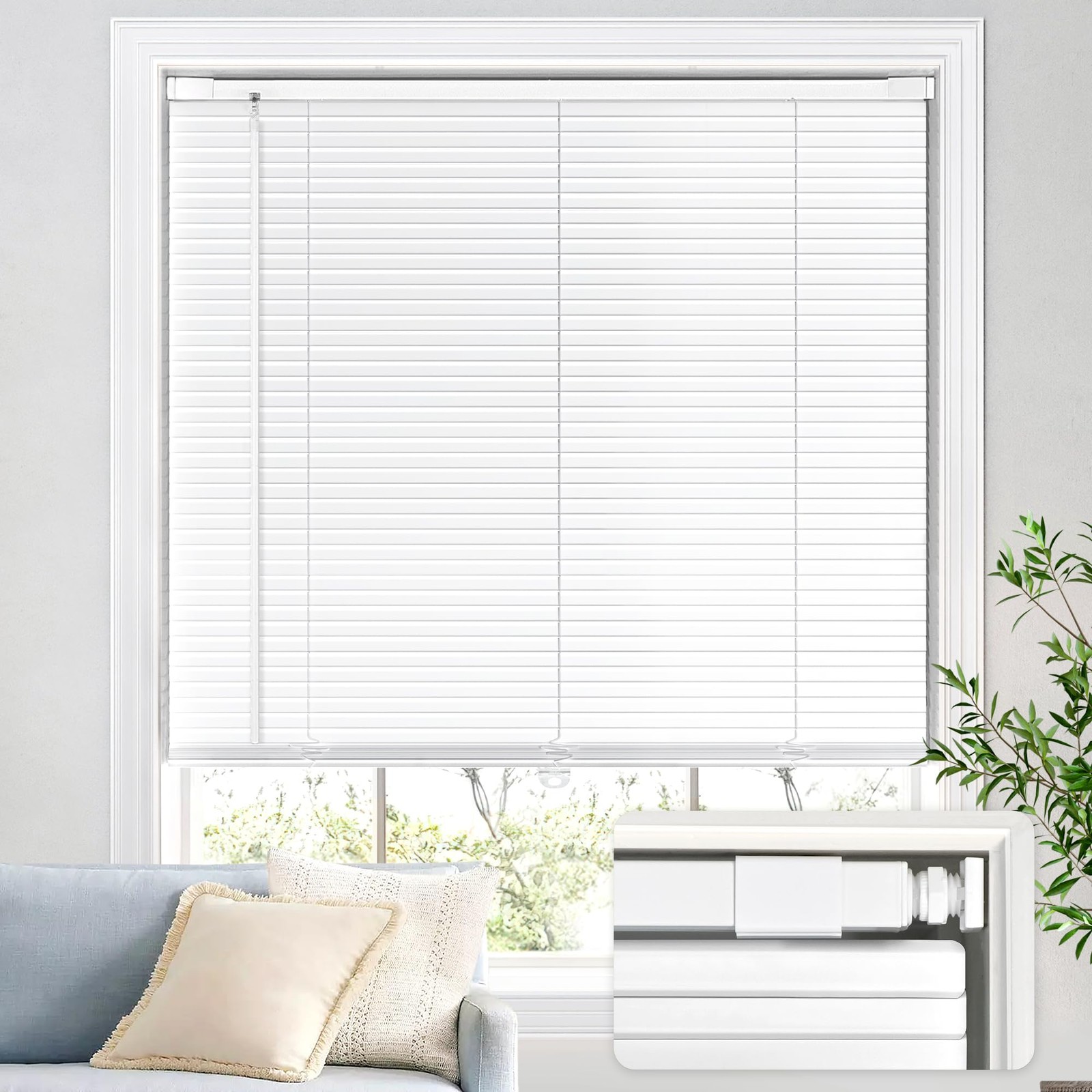 No Drill Aluminum Cordless Mini Blinds, 44×48 in, White