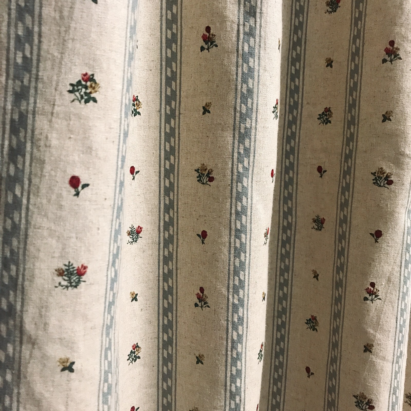 Modern Vintage Handmade Grayish Blue Vertical Stripes Tiny Floral Beige Curtain
