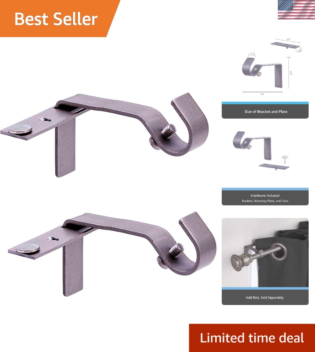 Elegant Pewter 5/8″ Curtain Rod Bracket Set – Quick, No Measure Installation