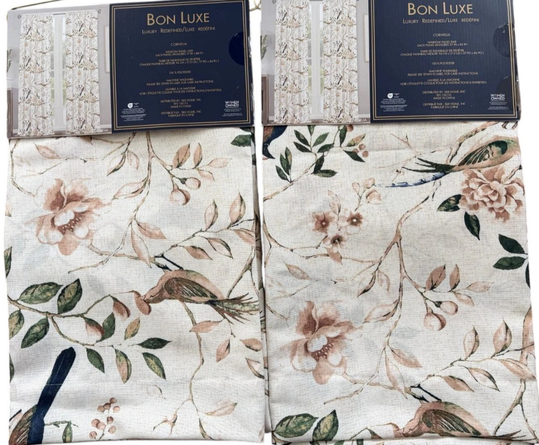 Bon Luxe set of 4 Bird Floral Curtain Panel Drapes 37×84 New Luxury
