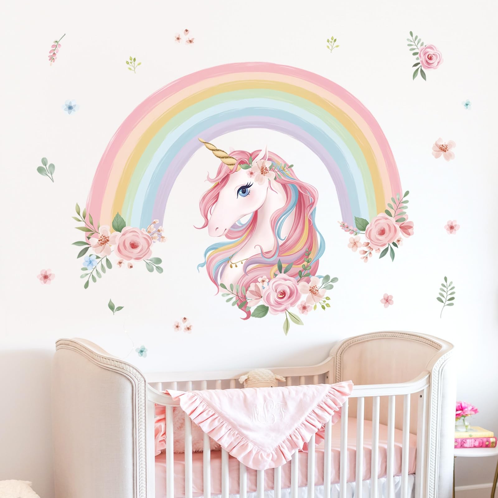 wondever Large Rainbow Wall Decals Unicorn Flower Peel and Stick