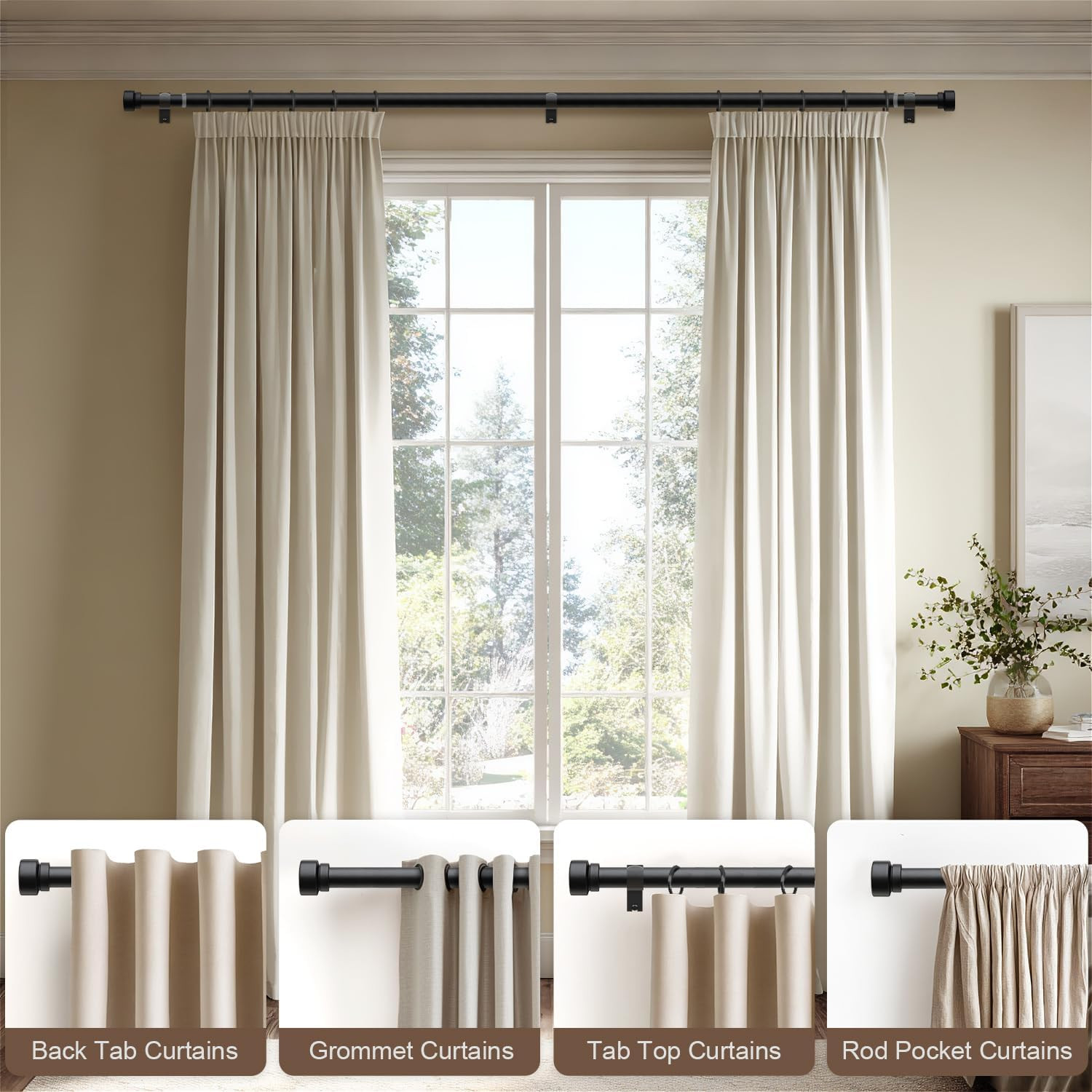 Modern Matte Black Curtain Rods for Windows 72 to 144 Adjustable Length Heavy Du
