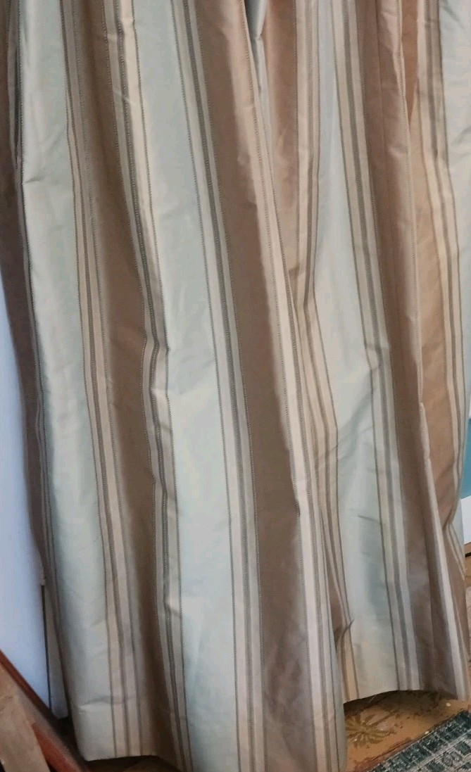 Set 2 Pinch Pleat Drapes Taupe Sage Stripe Lined Panels 36″ X 82″ each Faux Silk