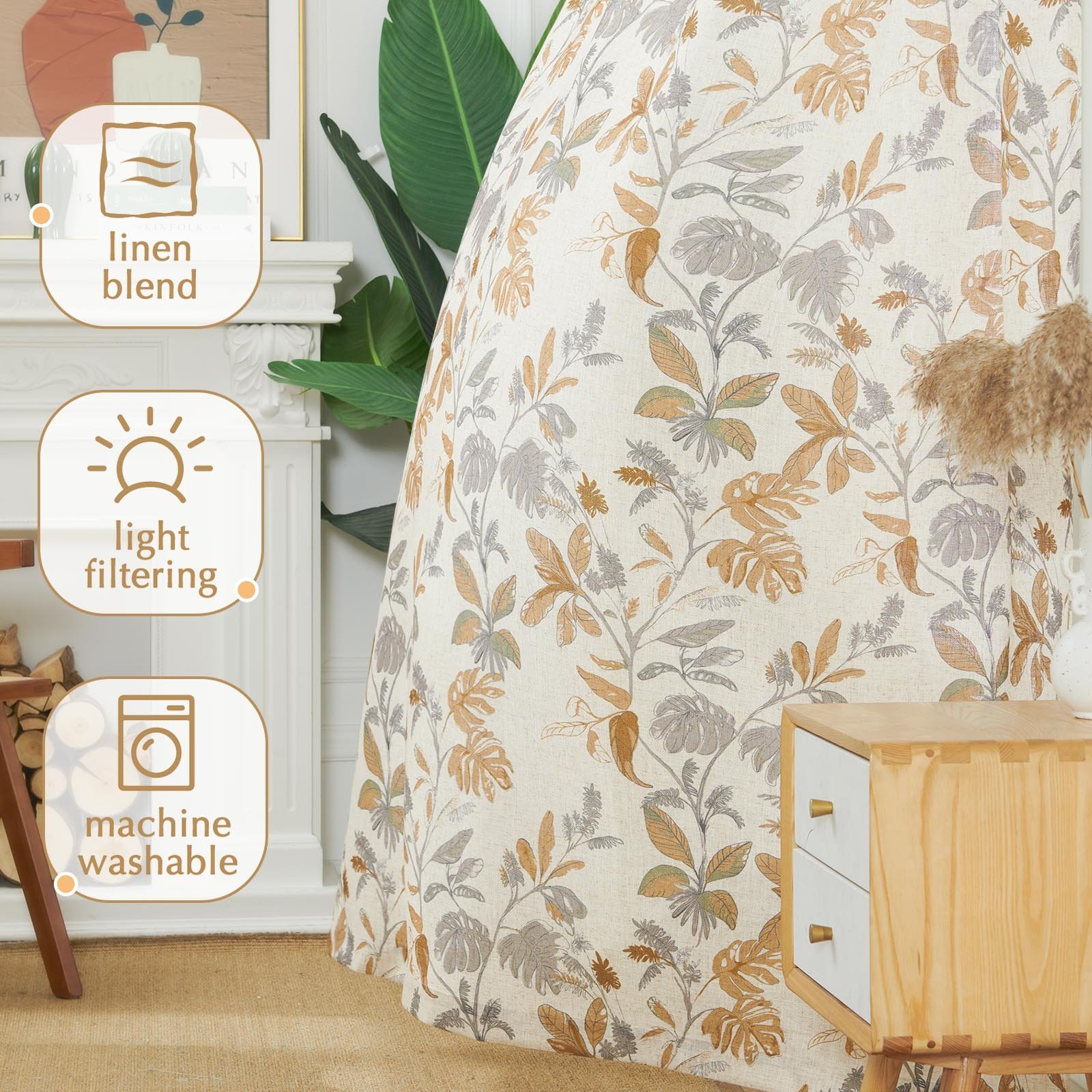 Tropical Leaf Curtains 2 Panels Farmhouse Room Darkening Rod Pocket 84″