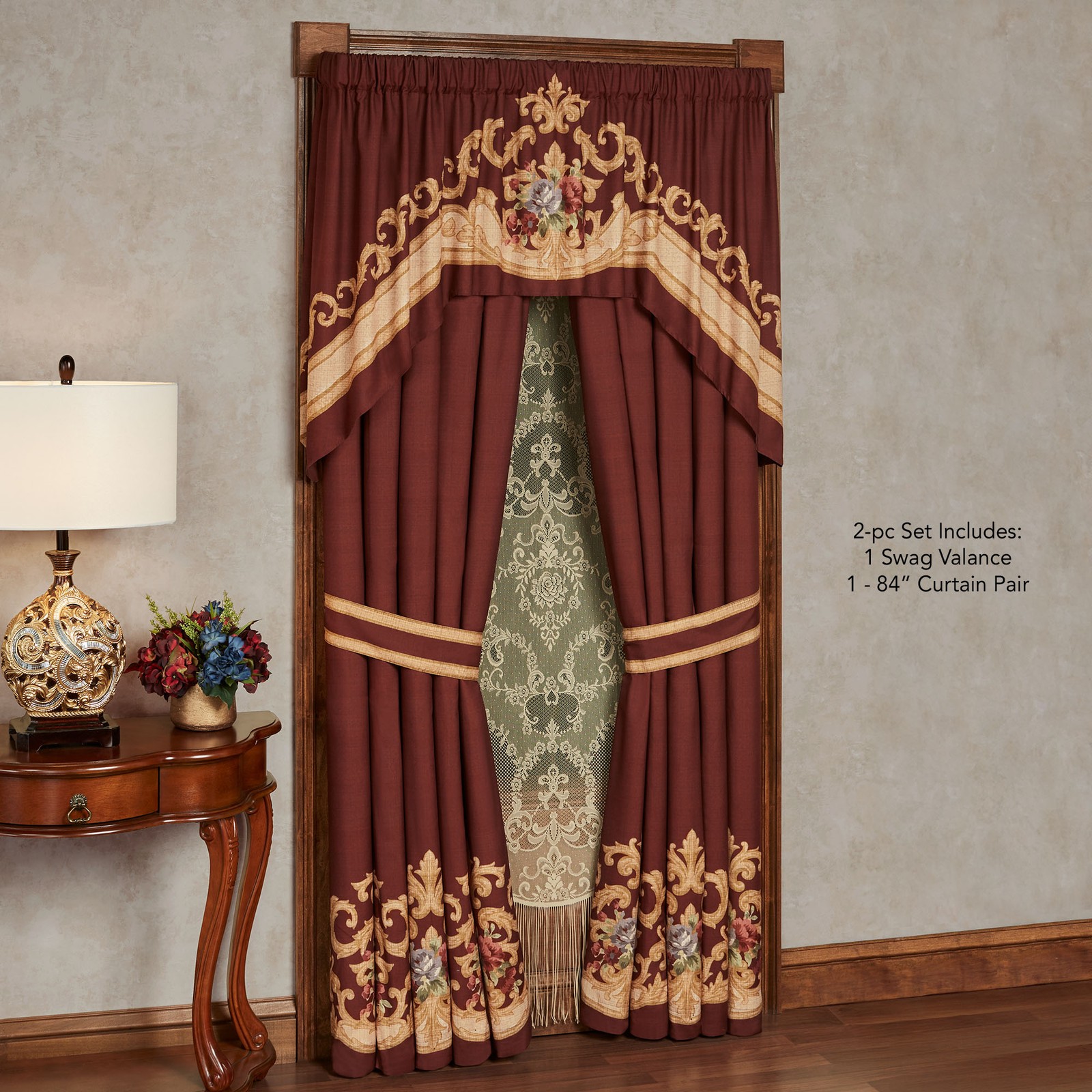 Savonnerie 2 Pc Window Set, 100W Curtain Pair, Valance, Brushed Microfiber