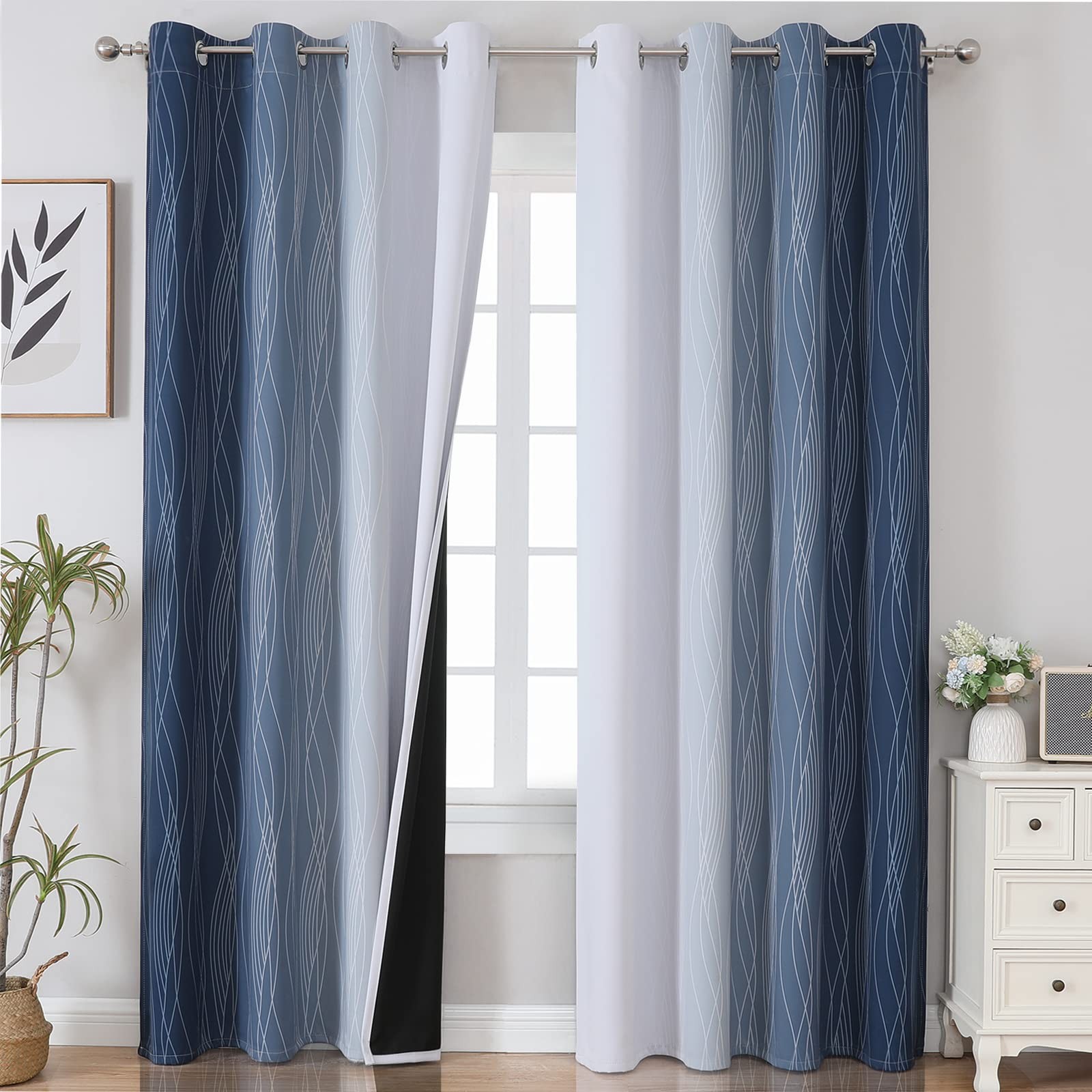 Navy Blue and Greyish White Blackout Curtains for Bedroom 84 Inches Long, Ful…
