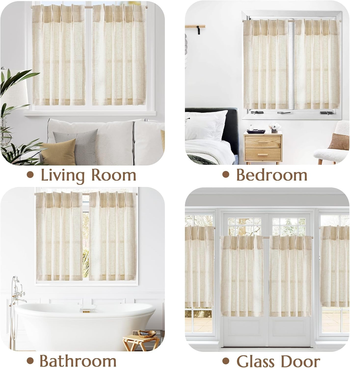 Linen Pinch Pleated Back Tab Tier Curtains,26X24,2 Panels,Natural | Light Filter