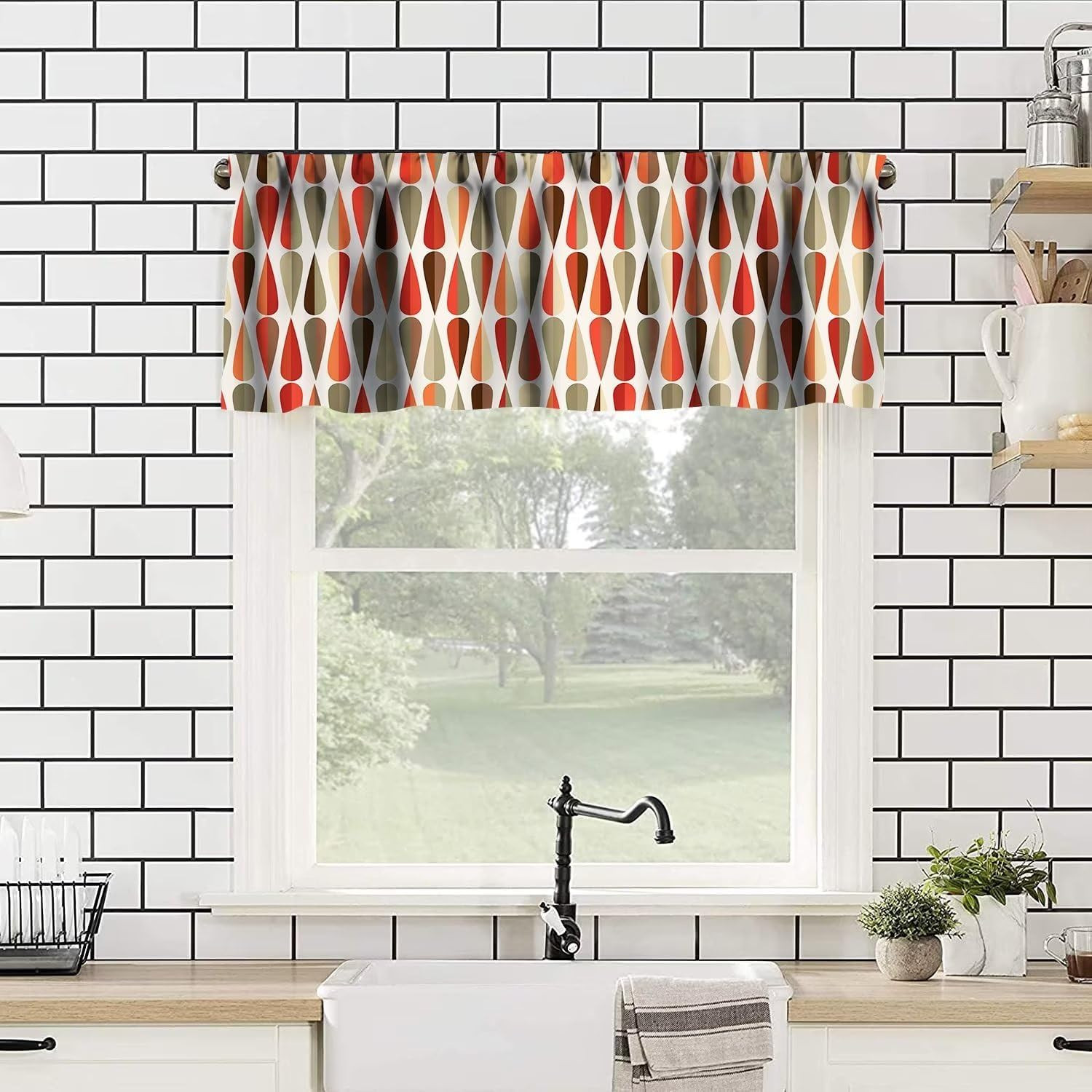 Mid Century Window Curtain Valance,Modern Abstract Triangular Retro Printed Patt