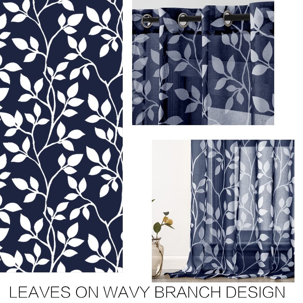 XTMYI Navy Blue Pattern Curtains 84 Inch Length for Living Room 2 Panels Set,Lea