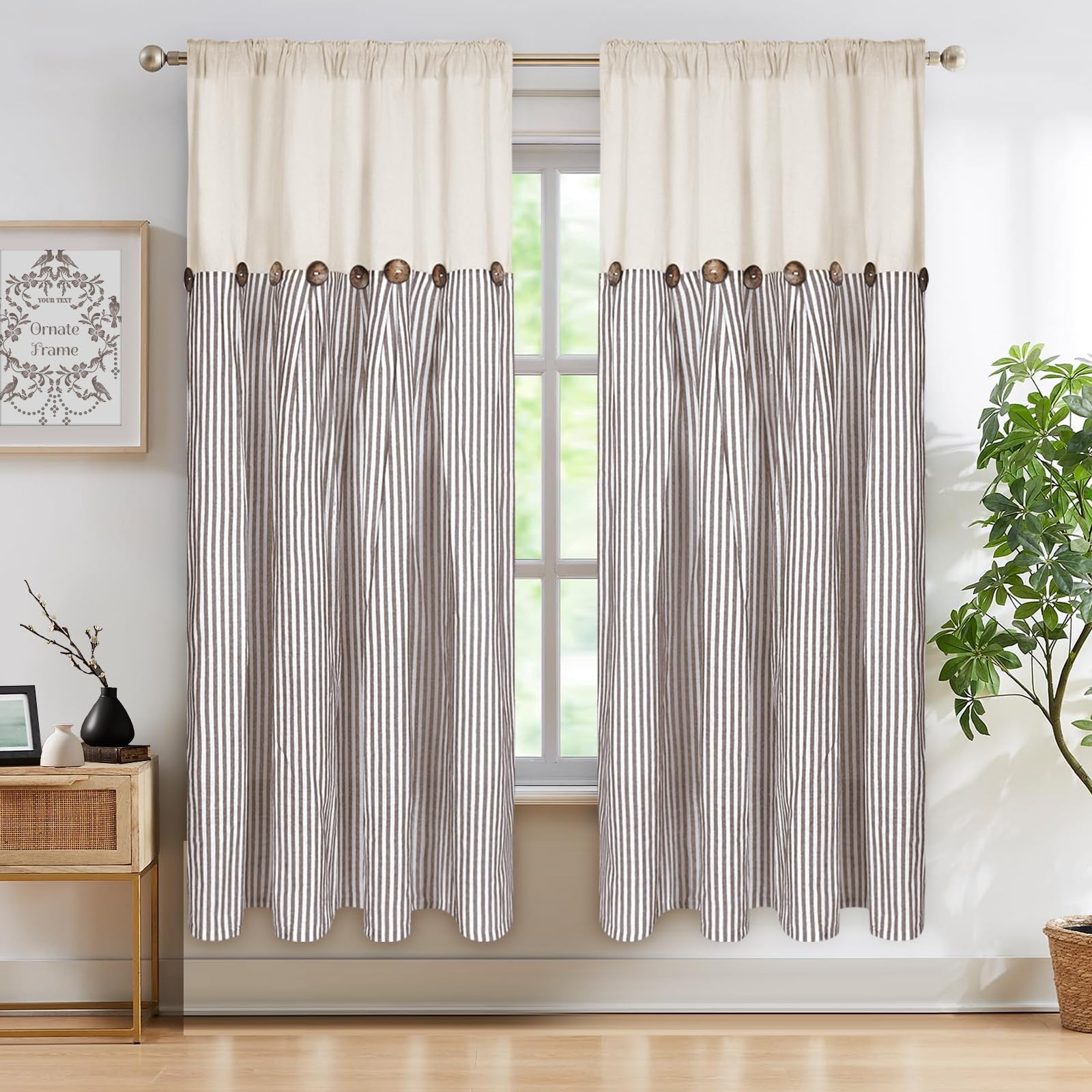 Cotton Linen Farmhouse Curtains Boho Rustic Button Panel, Country Window Curt…