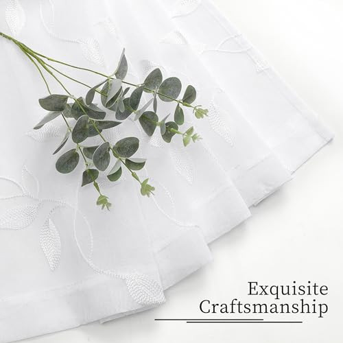 Leaf Sheer Tier Curtain Leaves Embroidered 30″W x 36″L (Pack of 2) White