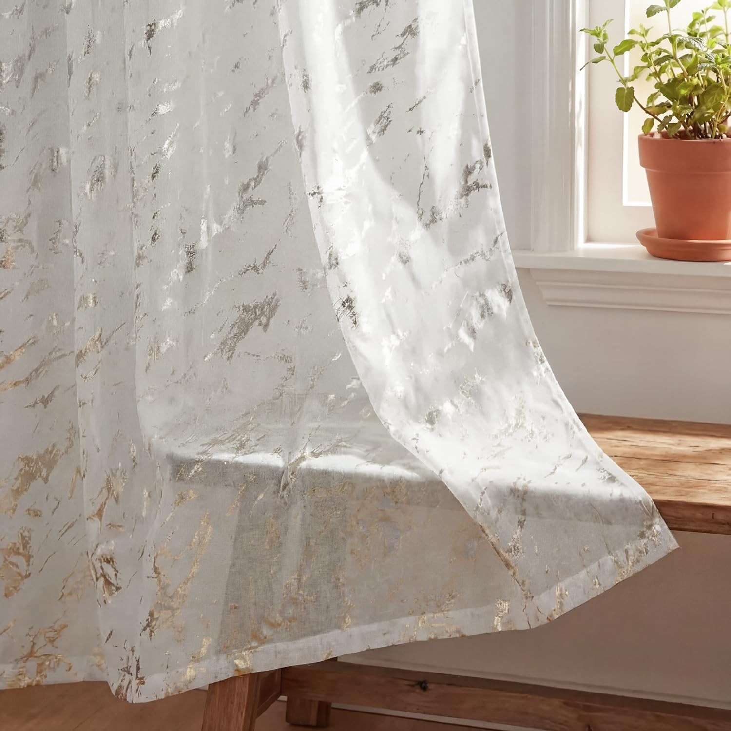 2Pcs White Sheer Curtains 52x84in Silver Sequin Marble Glitter Metallic Foil