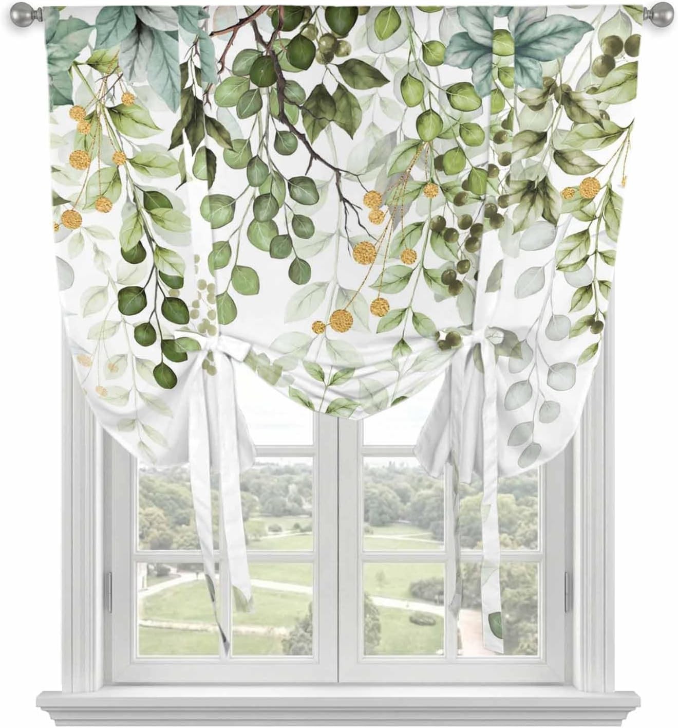 Tie Up Curtain for Windows,Green Eucalyptus Leaves Watercolor Botanical on White