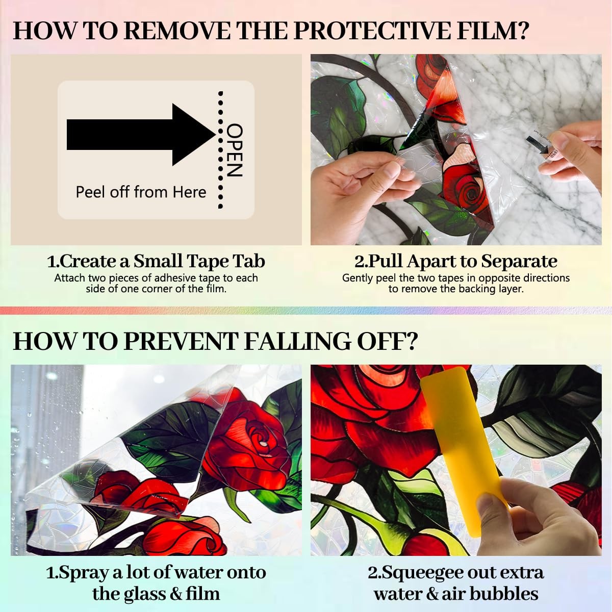 Stained Glass Window Film 29.5 x 78.7 in, Red Rose Floral Decorative Window P…