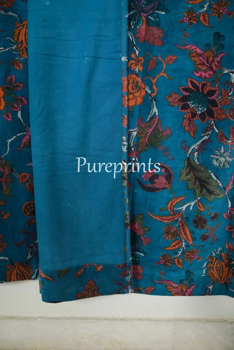 Boho Cotton Velvet Curtains Teal Blue Luxury Drapes Customizable