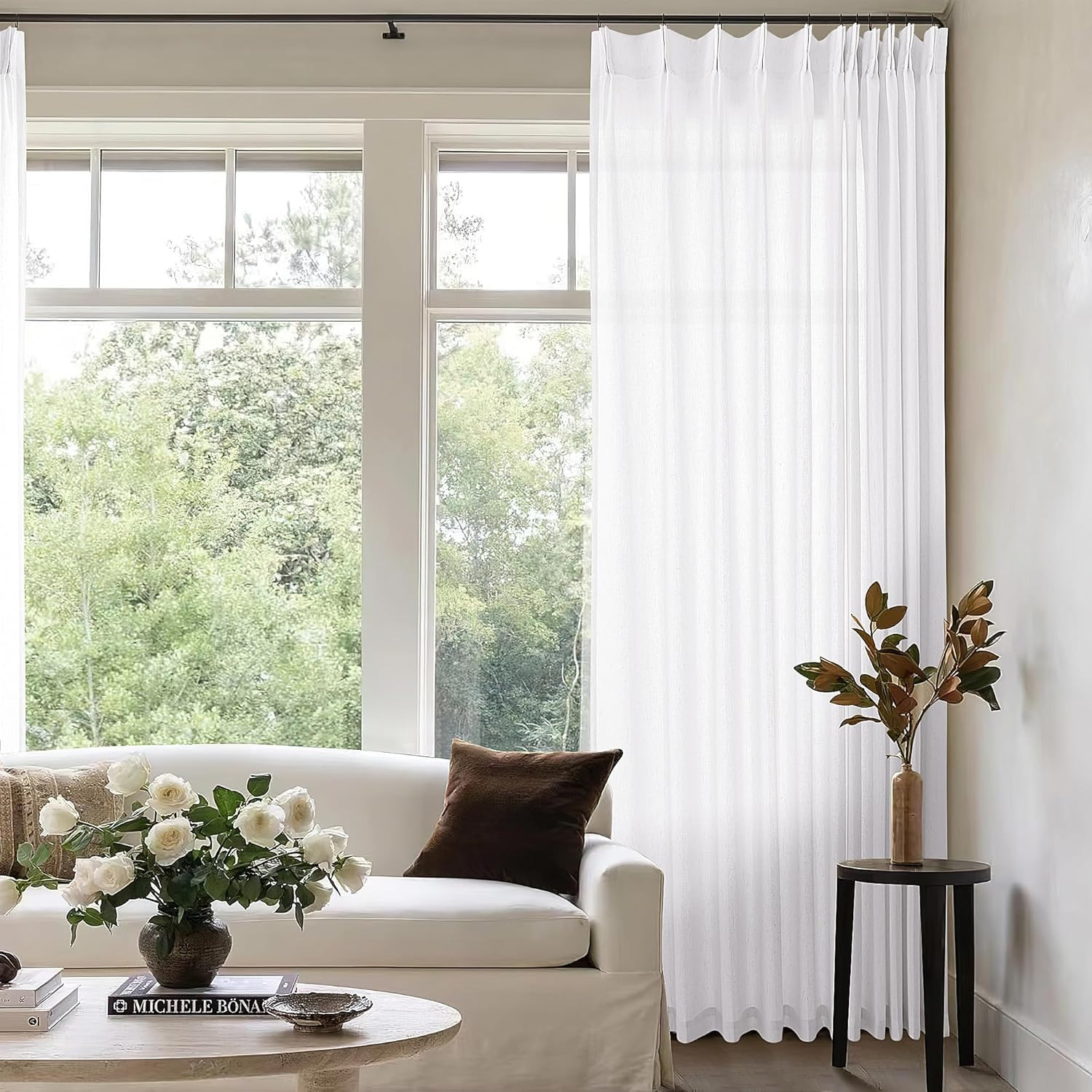 Luxury 132″ White Pinch Pleated Curtains for High Ceilings & Large Windows