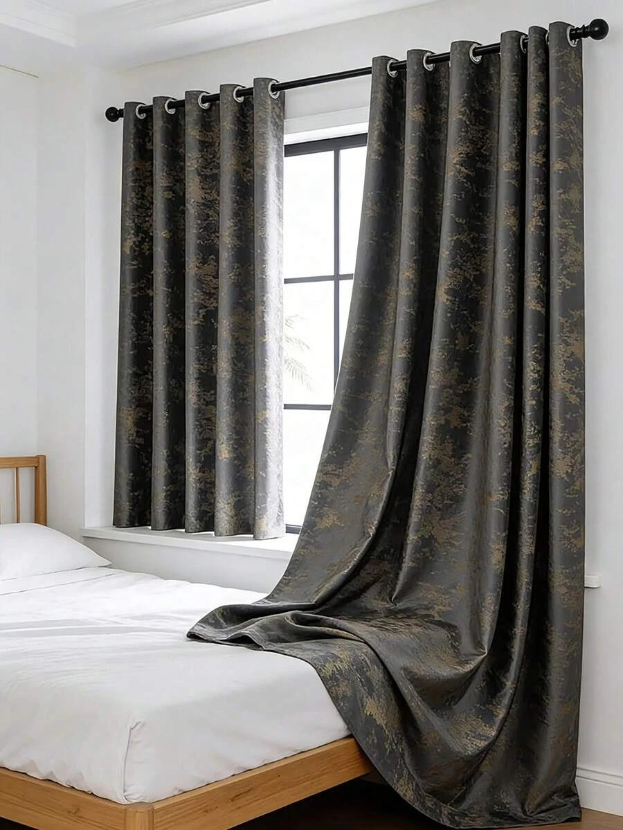 Perforated Nordic Minimalist Black Gold Foil Blackout Curtain