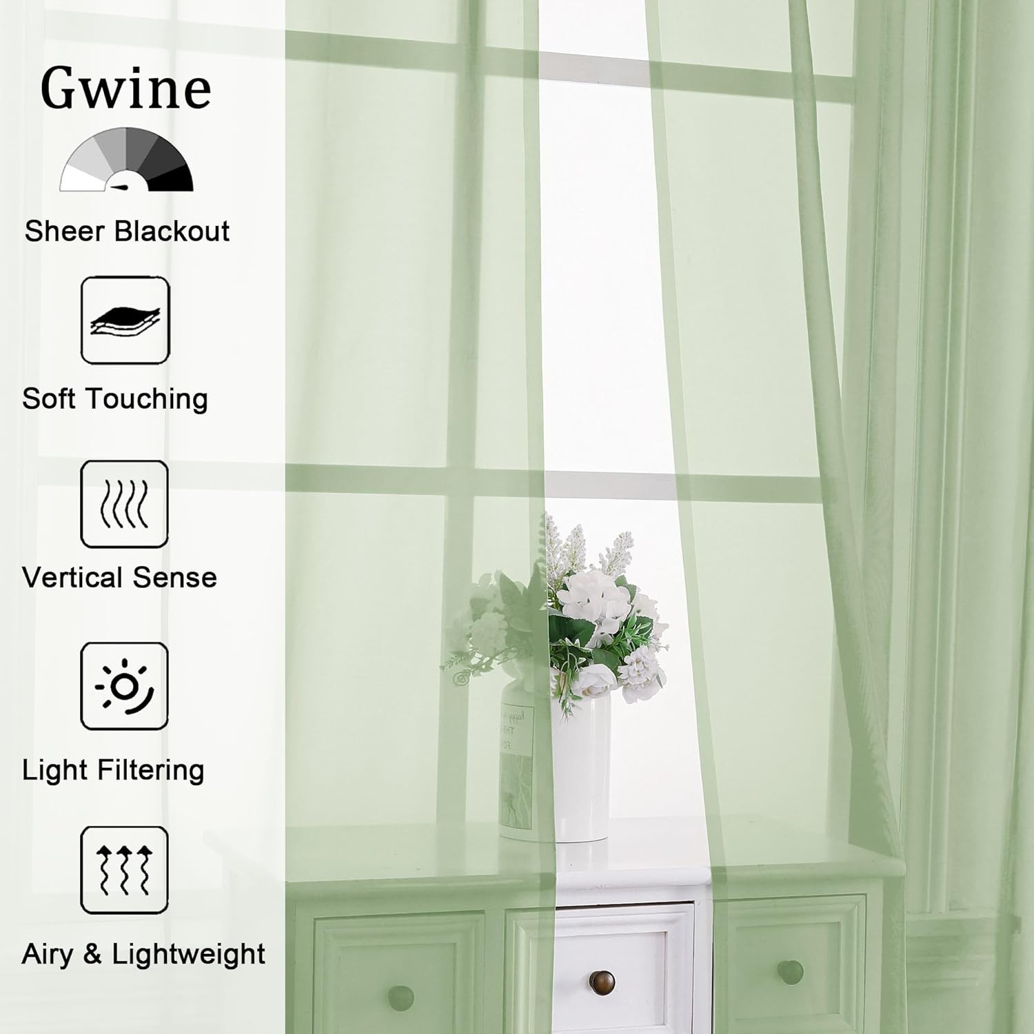 Light Green Sheer Curtains 84 Inches Long 2 Panels Set for Living Room, Rod Pock