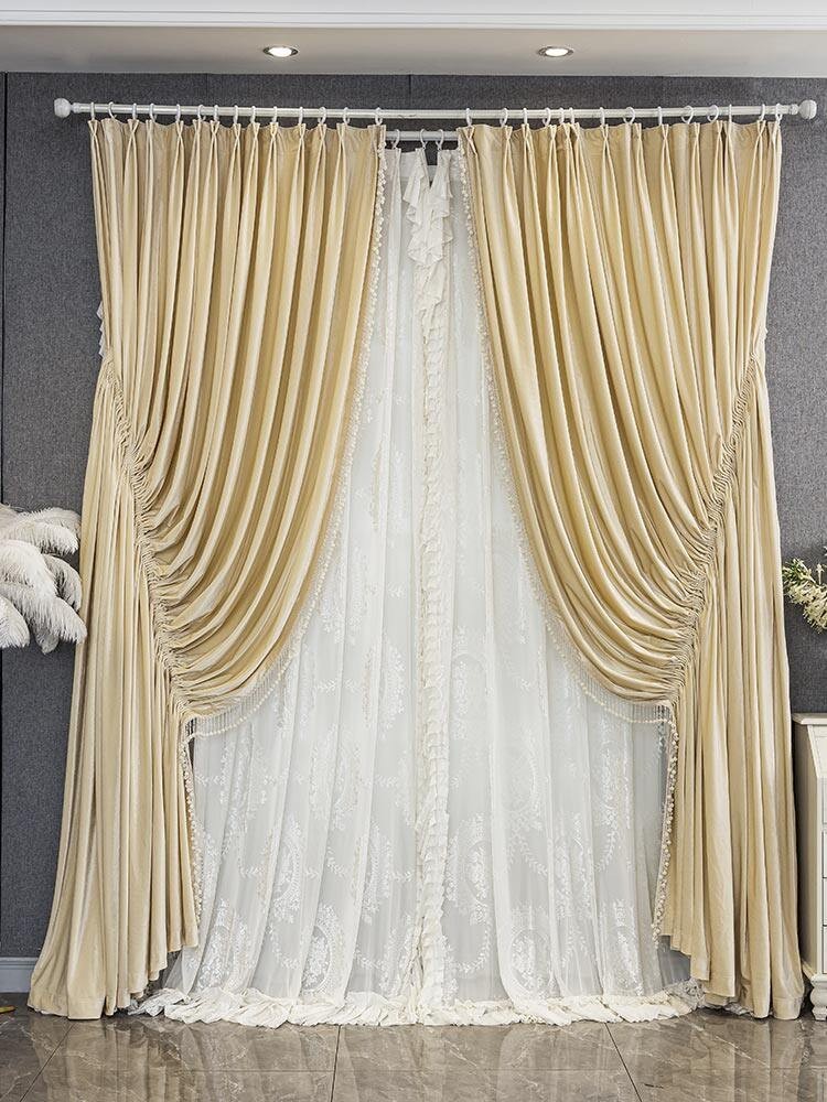 drawstring costom beige bean cloth flannel window blackout curtain tulle M1850