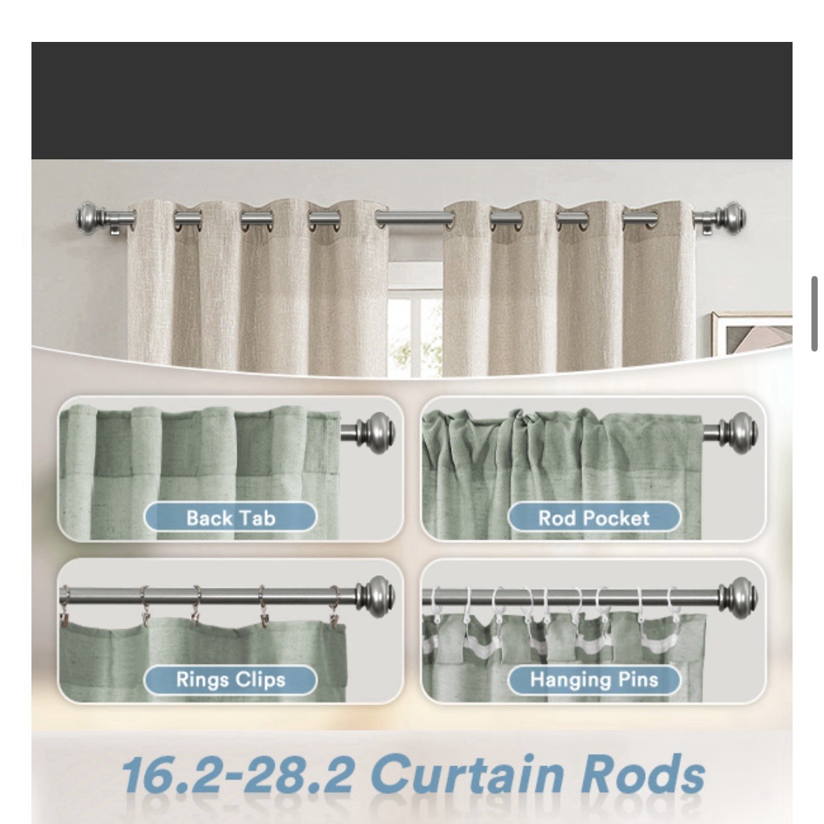 Decorative Adjustable Pewter Silver Single Drapery Curtain Rod 16-28”