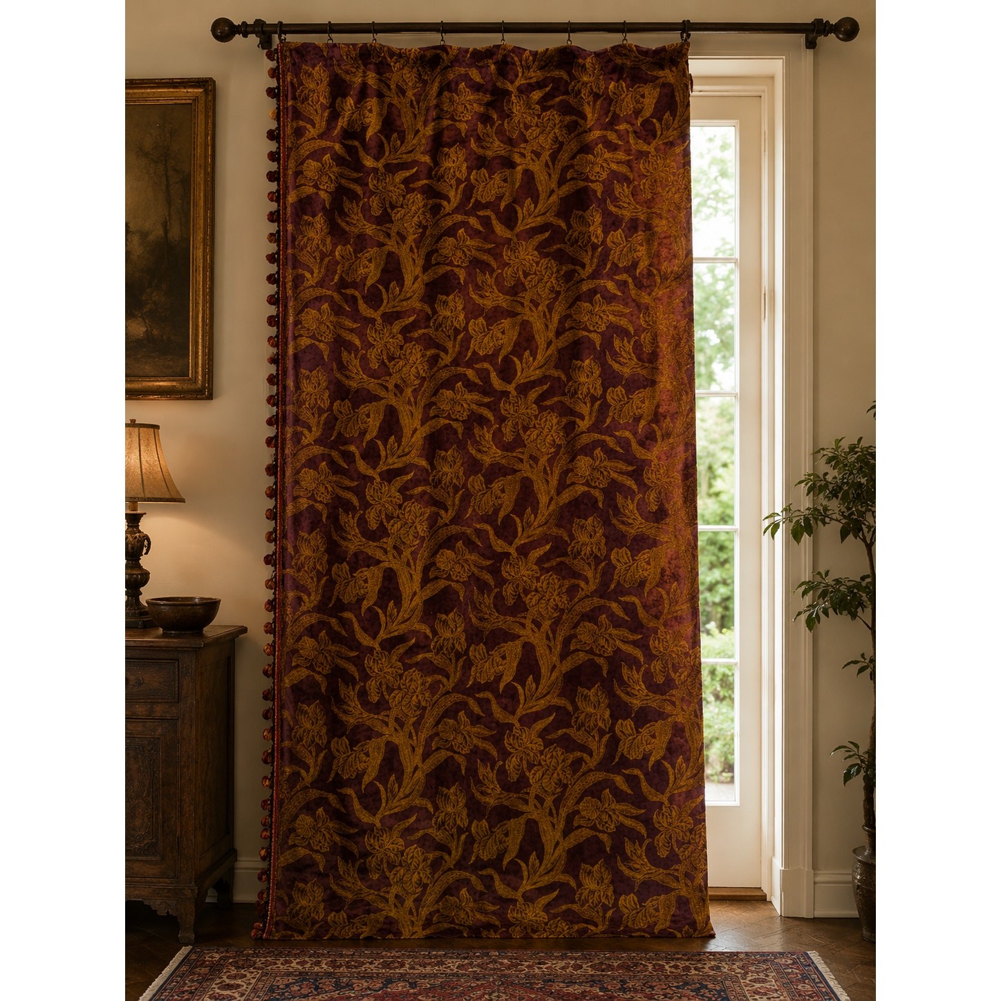 Vintage Art Nouveau Iris Floral Velvet Furnishing Curtain Panel 85x50in