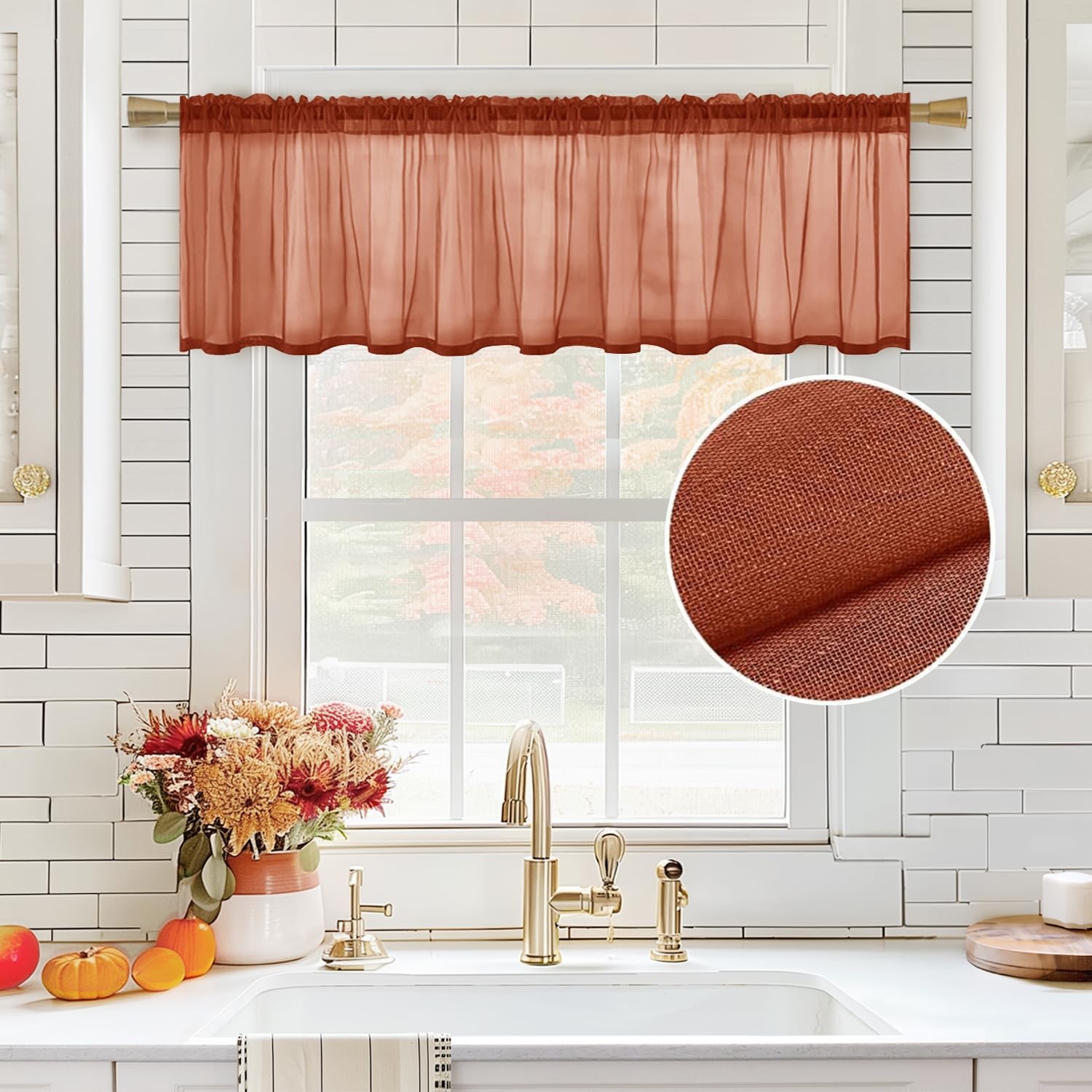 Terracotta Sheer Valance Linen Textured Look Half Window Curtain, Farmhouse S…