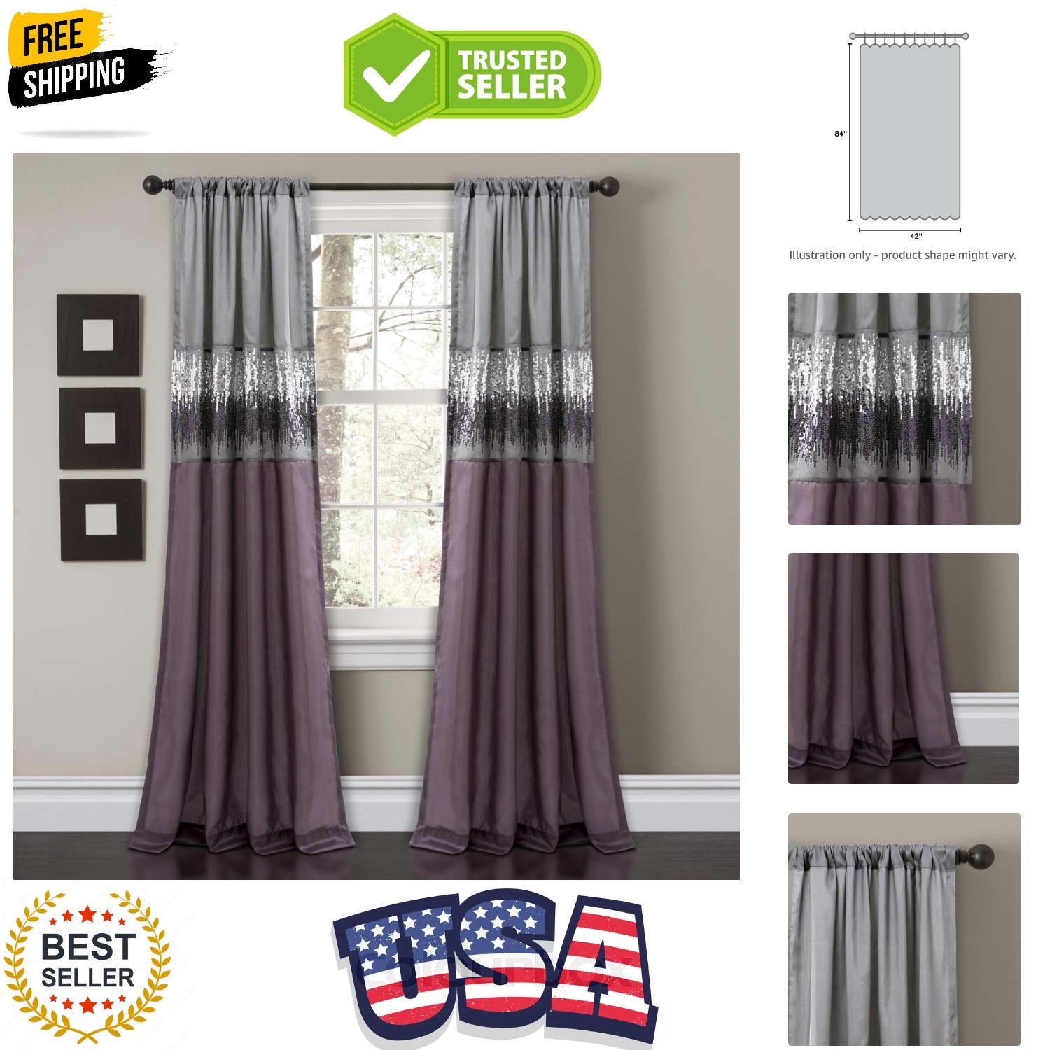 Night Sky Window Curtain Panel, Single, 42″ W x 84″ L, Purple & Gray – Sequin…
