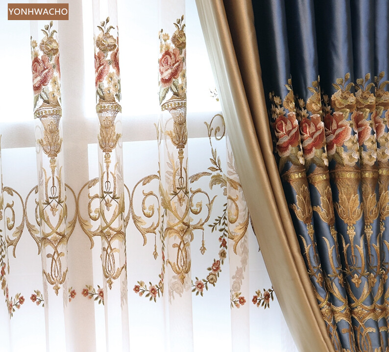 high-precision embroidered blue cloth curtain valance tulle drapery C762