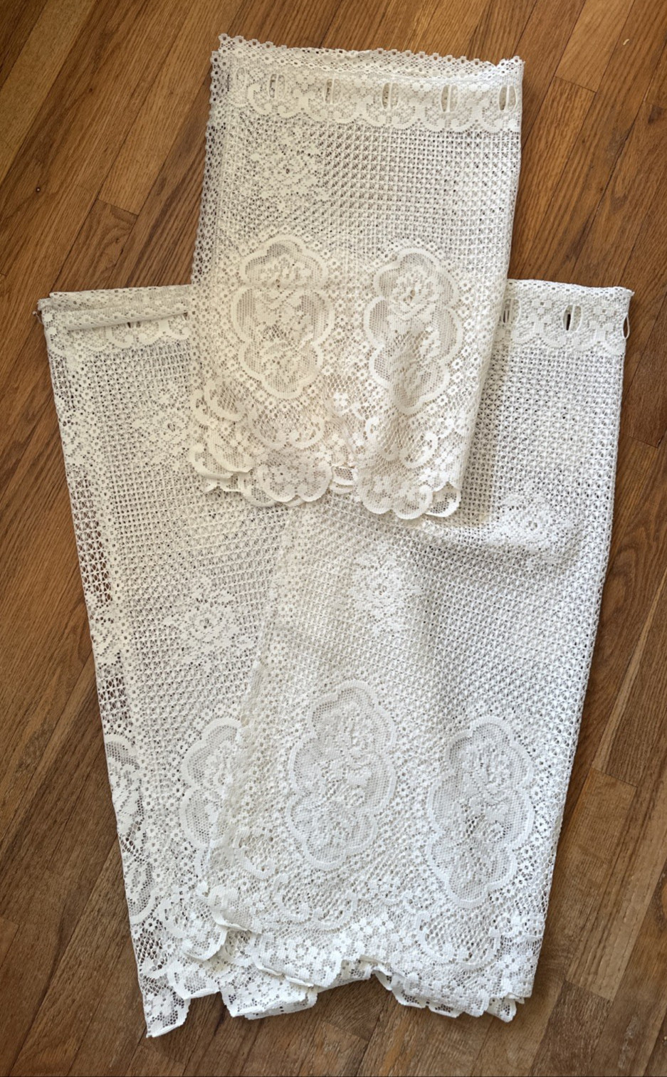 3 Piece Ivory Crochet Lace 2 Panel Cafe Curtains 1 Valance Window Treatment