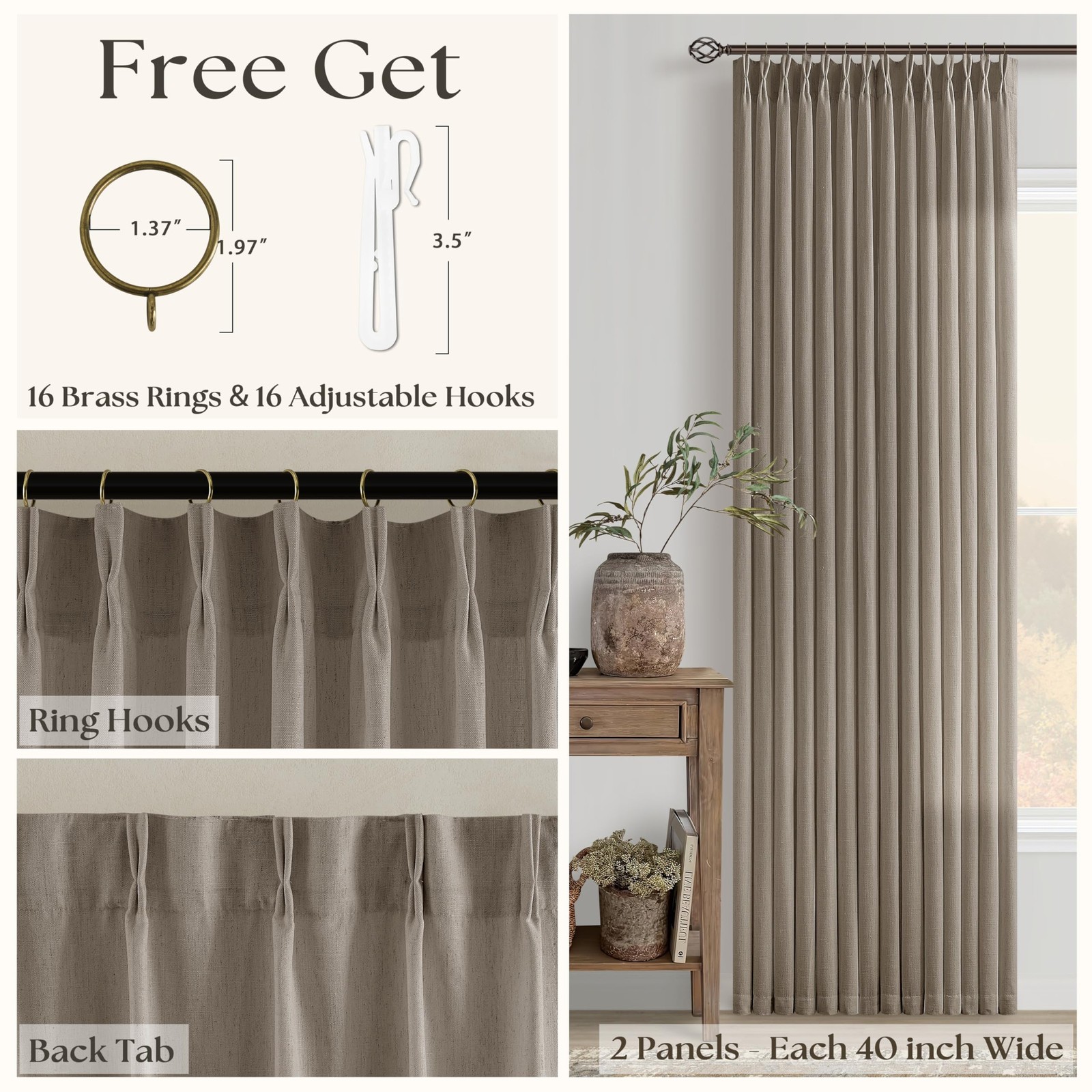 Dark Flax Curtains 102 Inches Long Pinch Pleated for Living Room 2 Panels Set…