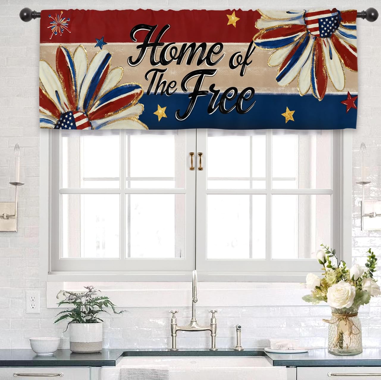 Independence Patriotic Kitchen Curtain Valance 54W x 18L Inch Blue Red 4th of Ju