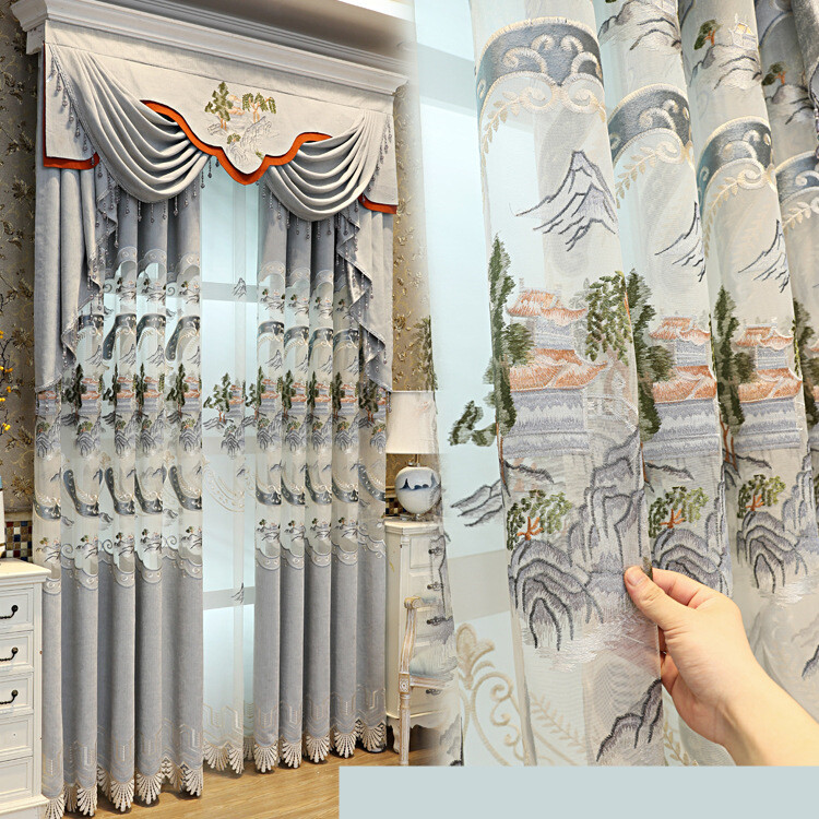 Custom Chinese landscape embroidery simple grey cloth curtain valance drape C973