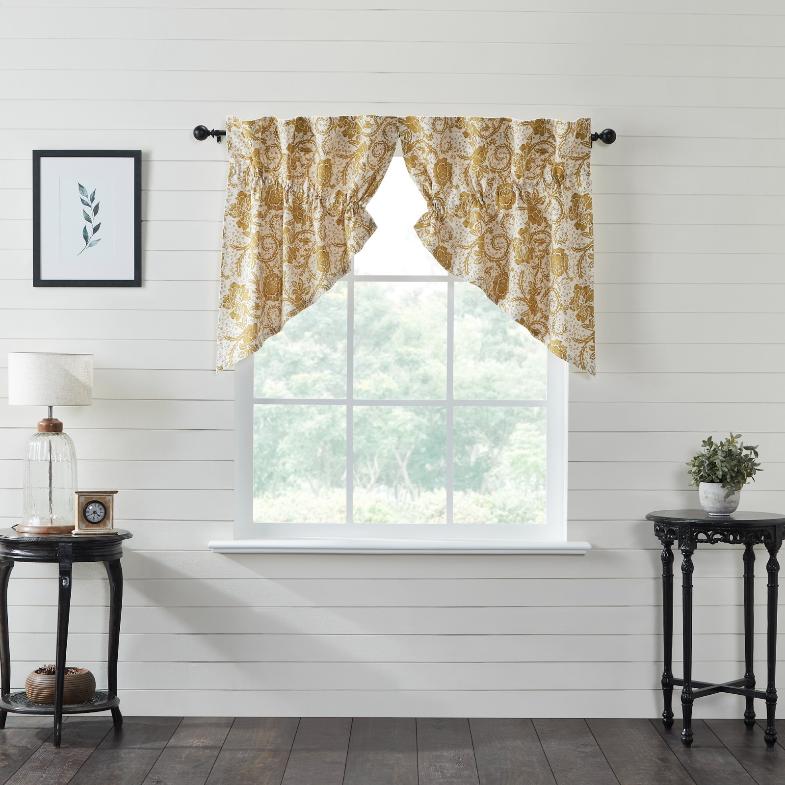 Dorset Gold Creme Floral Gathered Country Cottage Prairie Swags 72″ x 36″