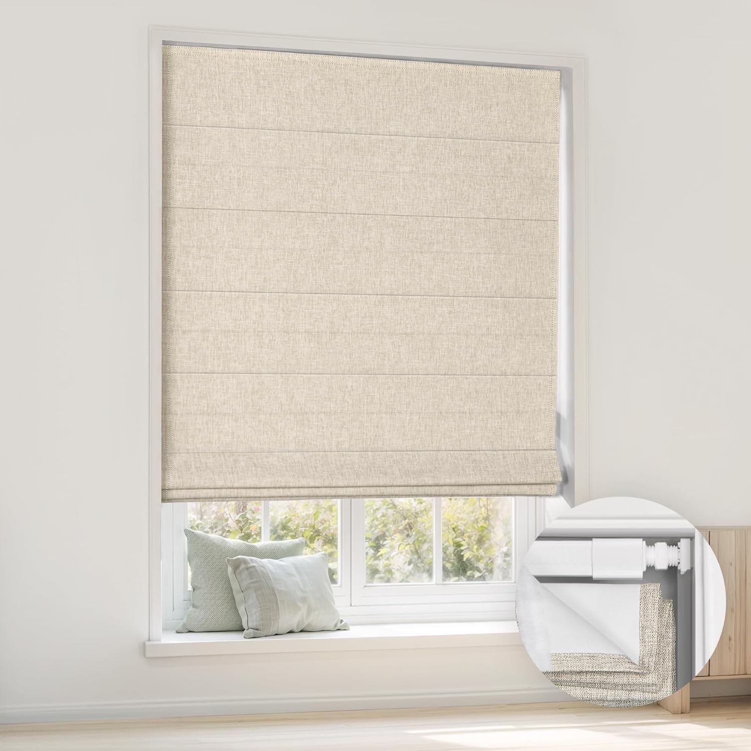 No Drill Cordless Roman Shades, 28” W x 64” H, Beige | Easy to Install, Light