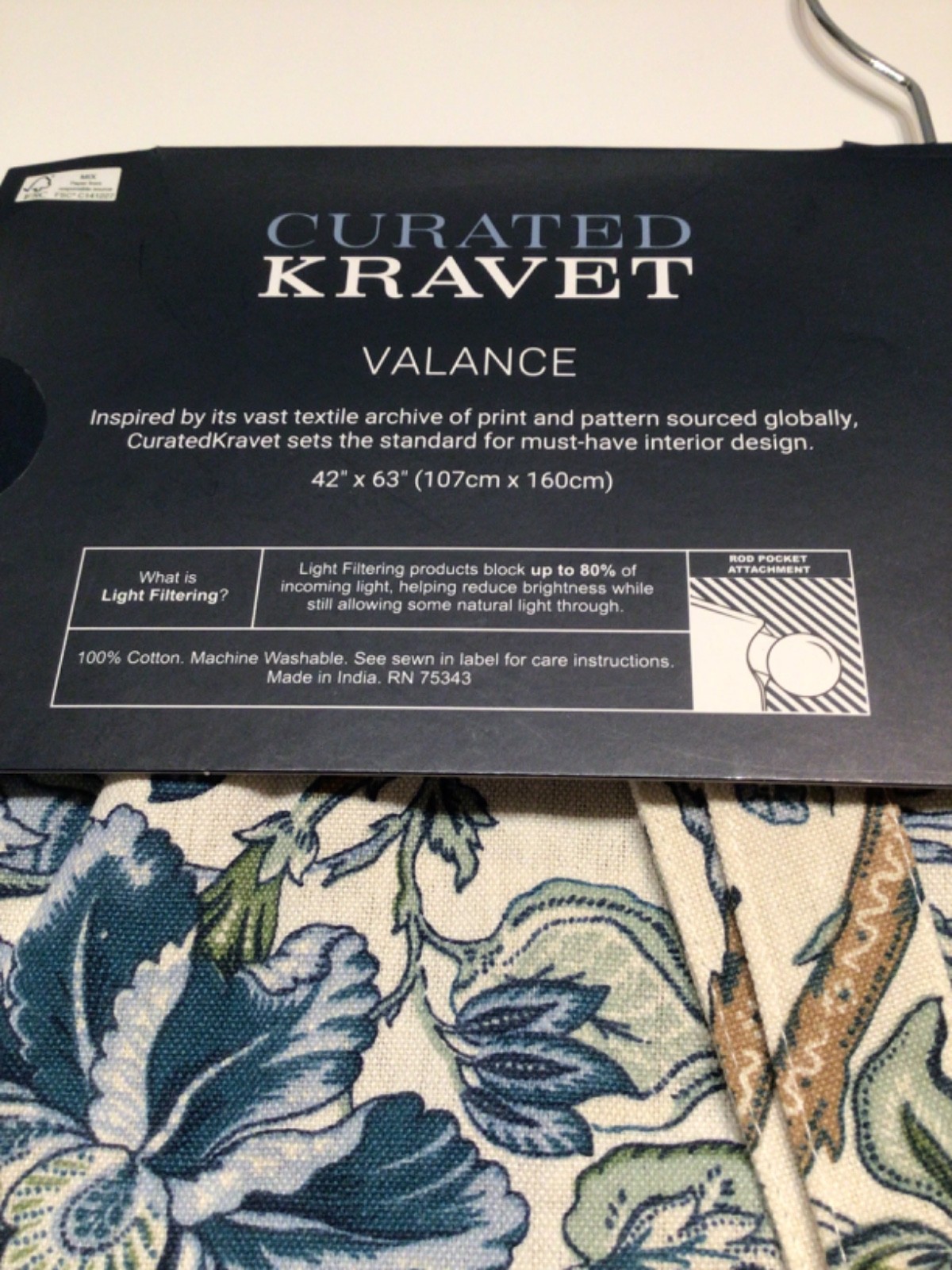 Curated Kravet Balloon Valance curtain 42 x 63 Jacobean Floral Blue Floral