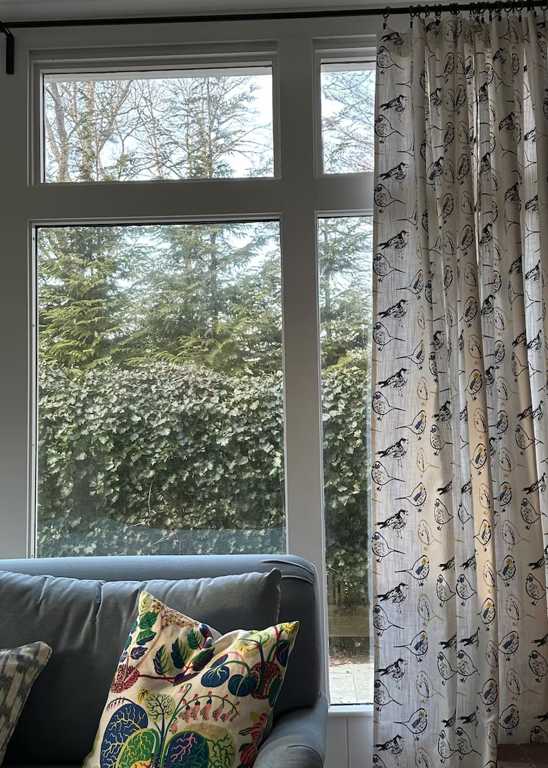 Curtains Made USA, Bird Toile Brazilian Yellow White, Medium Weight Cotton Slub